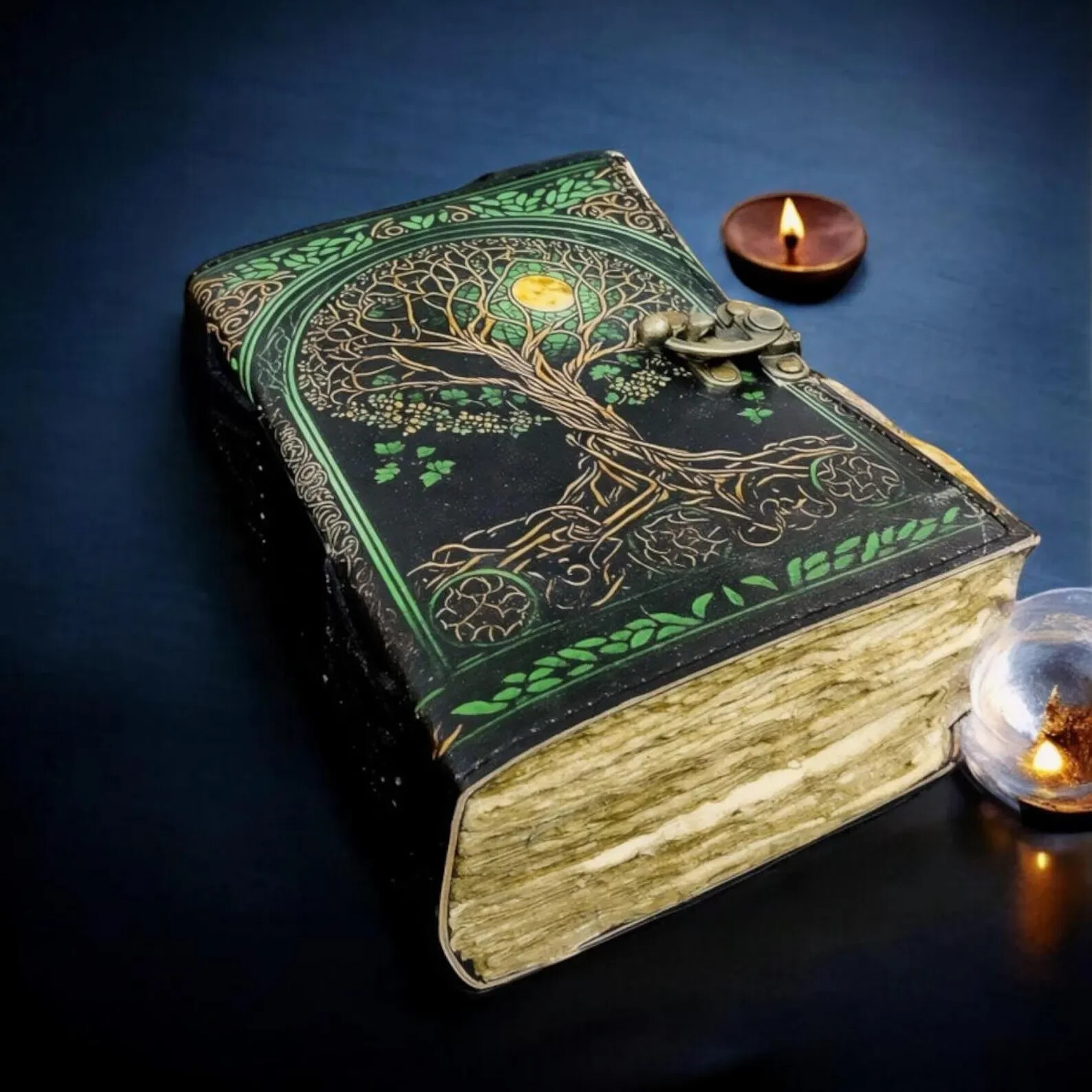 400 Page Large Grimoire Vintage leather journal, Tree of Life Fat Journal.