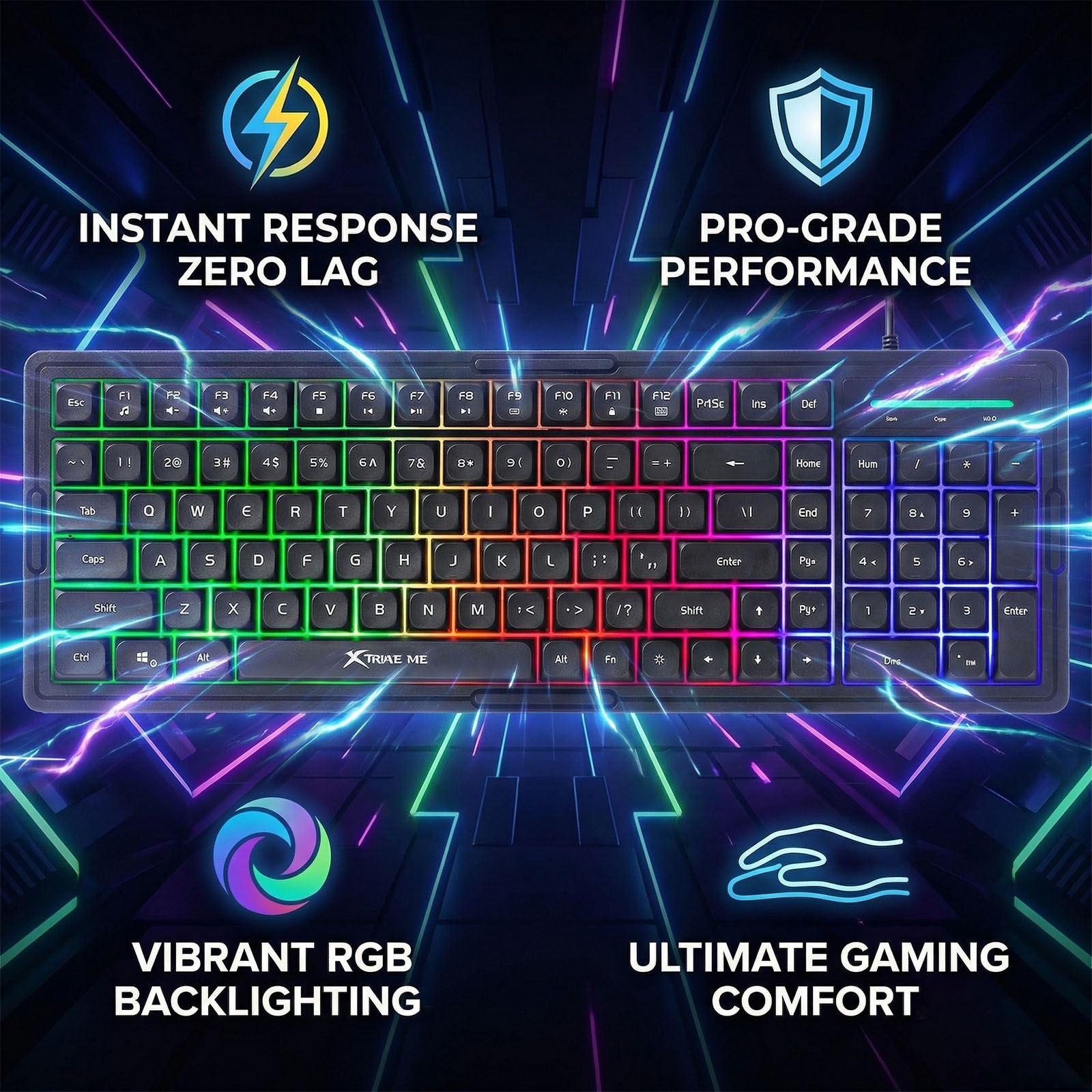 XTRIKE USB PC Wired Gaming Keyboard RGB Backlit 100-Key Silent Membrane Black