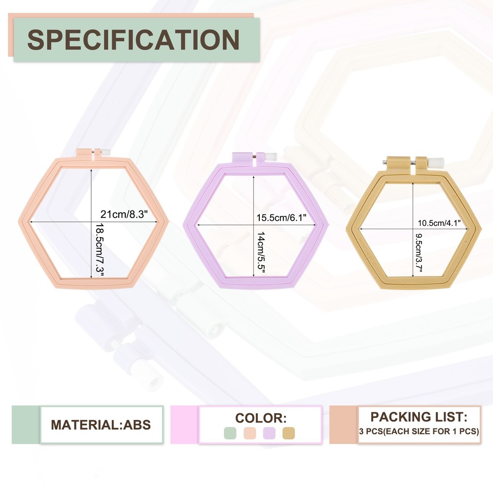 3 Pieces 3 Sizes ABS Adjustable Hexagonal Embroidery Hoop, Multicolored