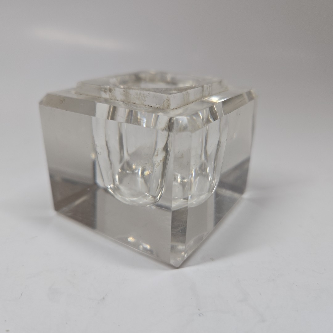 Vintage Clear Glass Inkwell Heavy Cube Shape Beveled Edging Solid