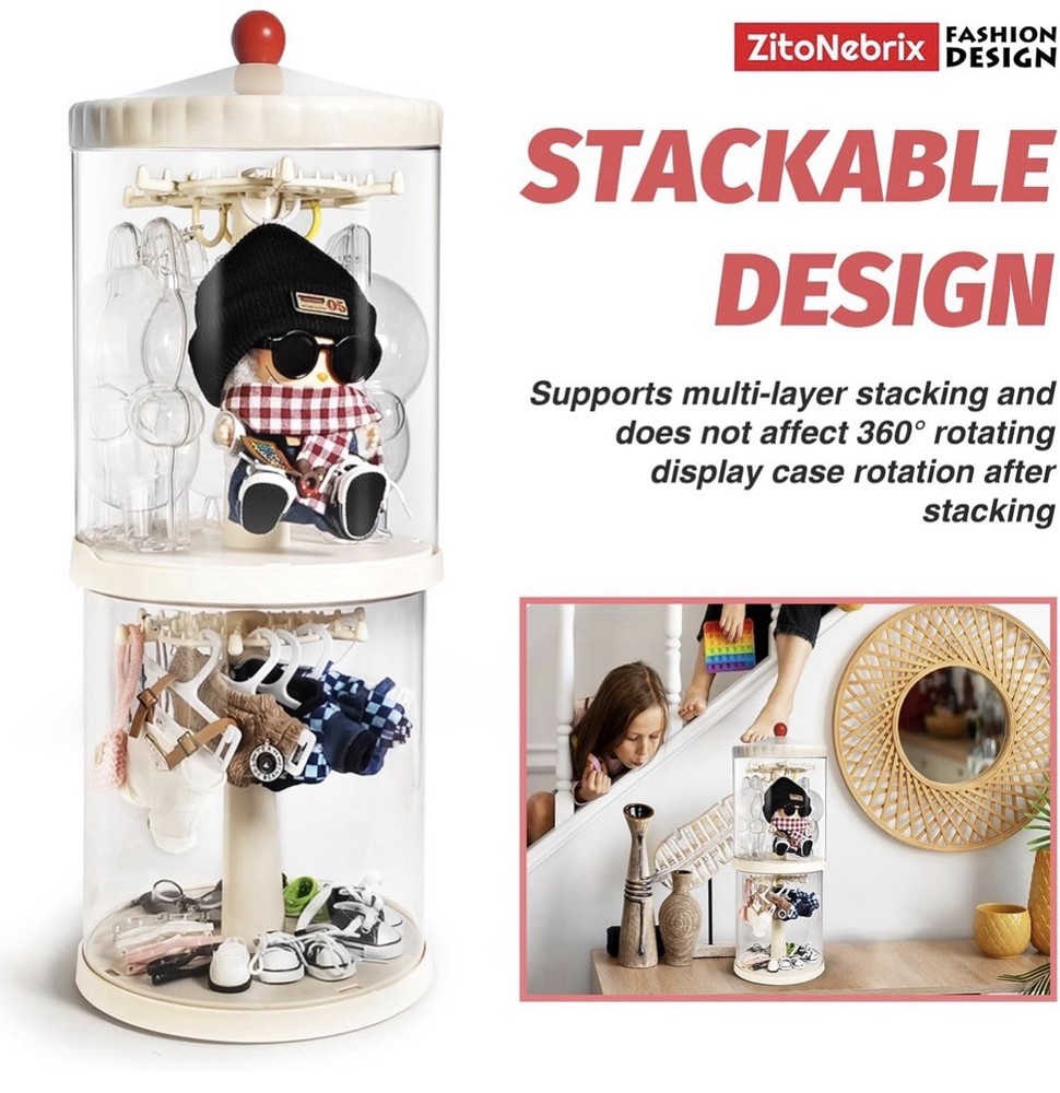 360° Rotating Display Case for 6" Doll Keychains – Stackable Clear Dustproof