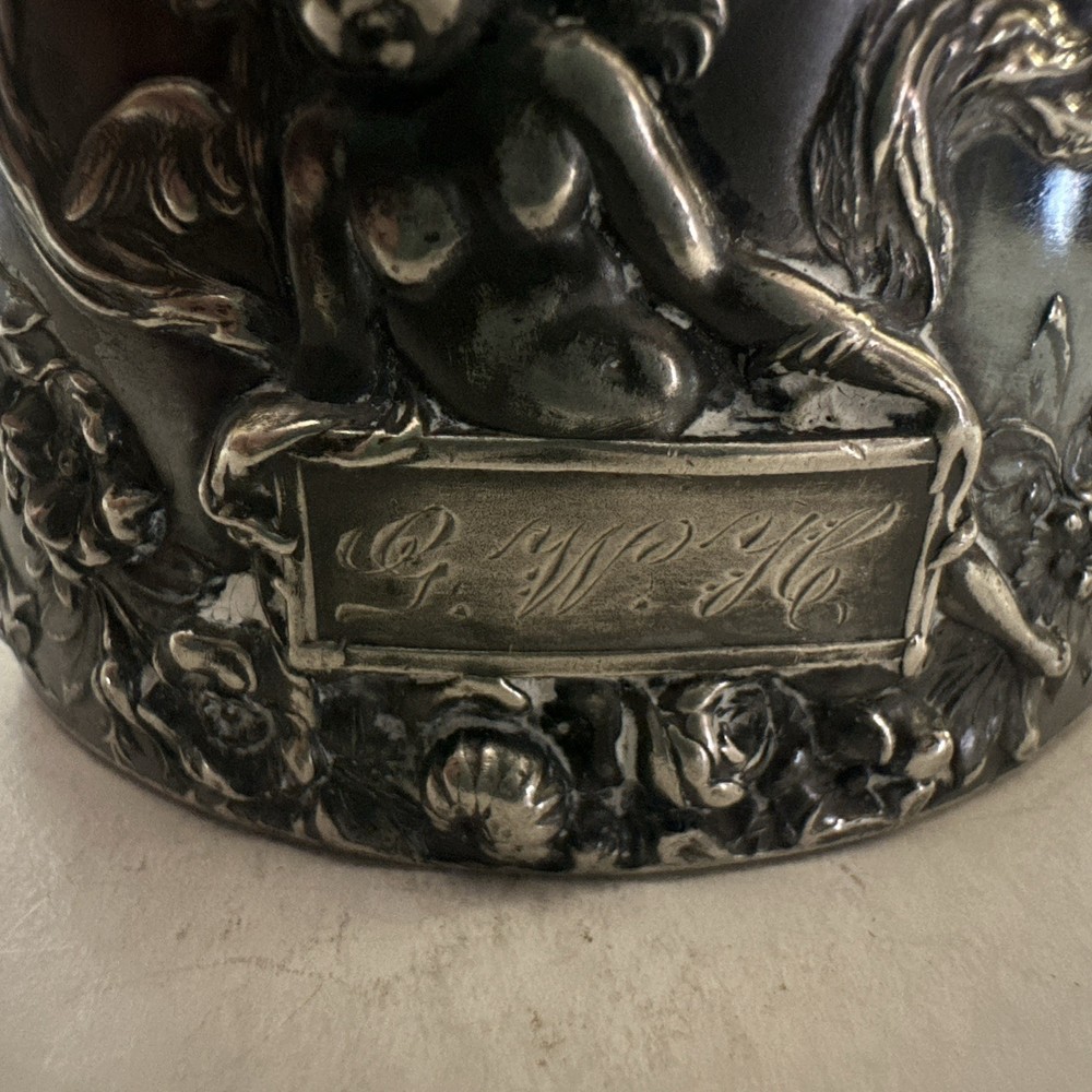 VTG Reed & Barton Silverplate Cup Mug Ornate Repoussé 1971 Gilt Floral Cherub