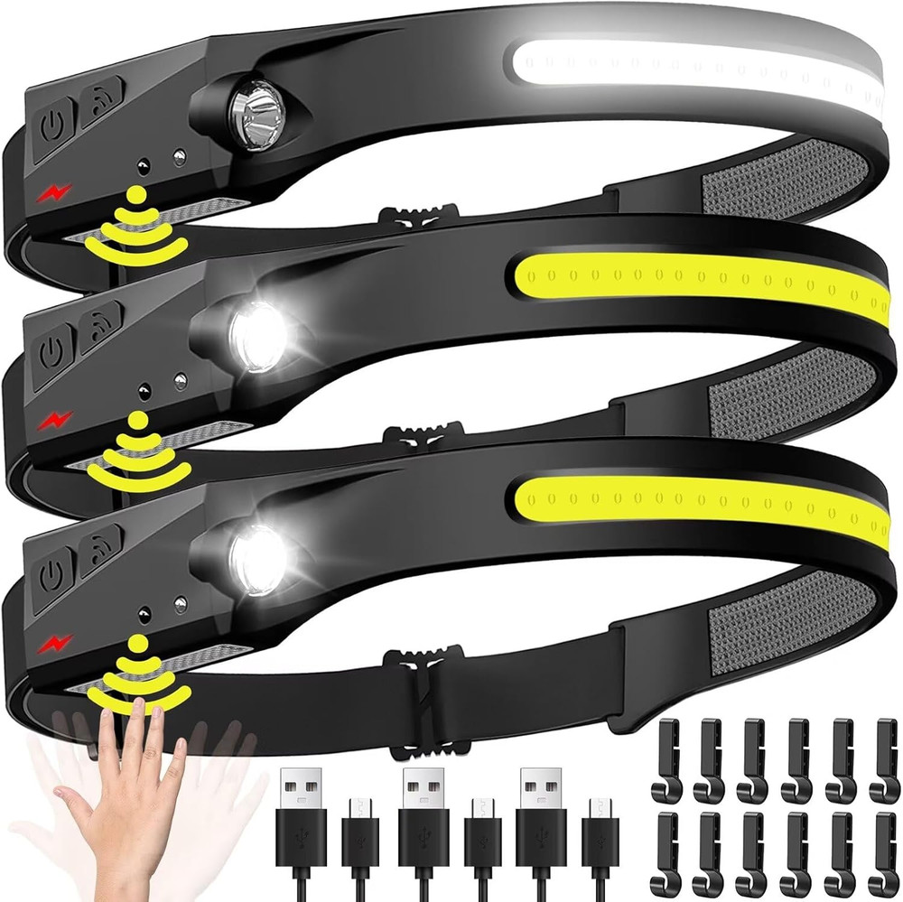 Rechargeable 3-Pack LED Headlamp with Motion Sensor - Waterproof for Outdoor Use