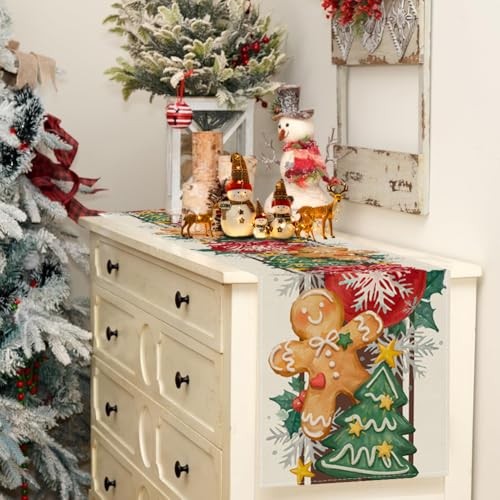 Merry Christmas Table Runner, Gingerbread 13" x 72", Table Runner Multi Color