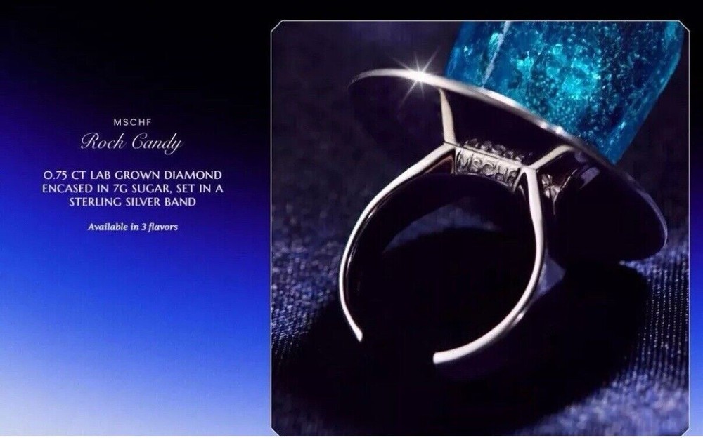 MSCHF LAB GROWN .75 DIAMOND ROCK CANDY RING BLUE RASPBERRY COTTON SIZE 9 IN HAND