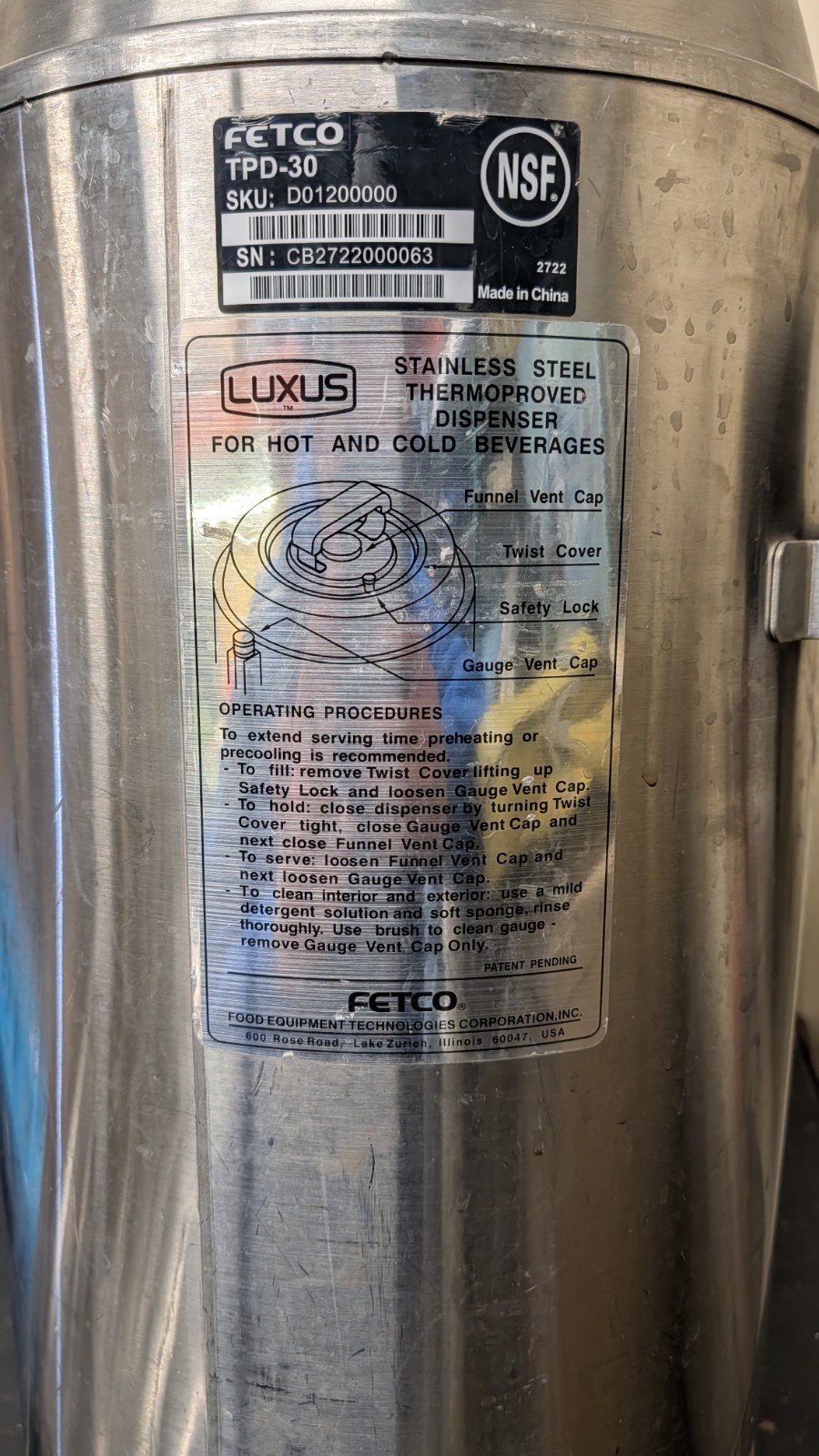 FETCO TPD-30 Stainless Steel Thermoproved Dispenser for Hot/Cold Beverages "P7A"