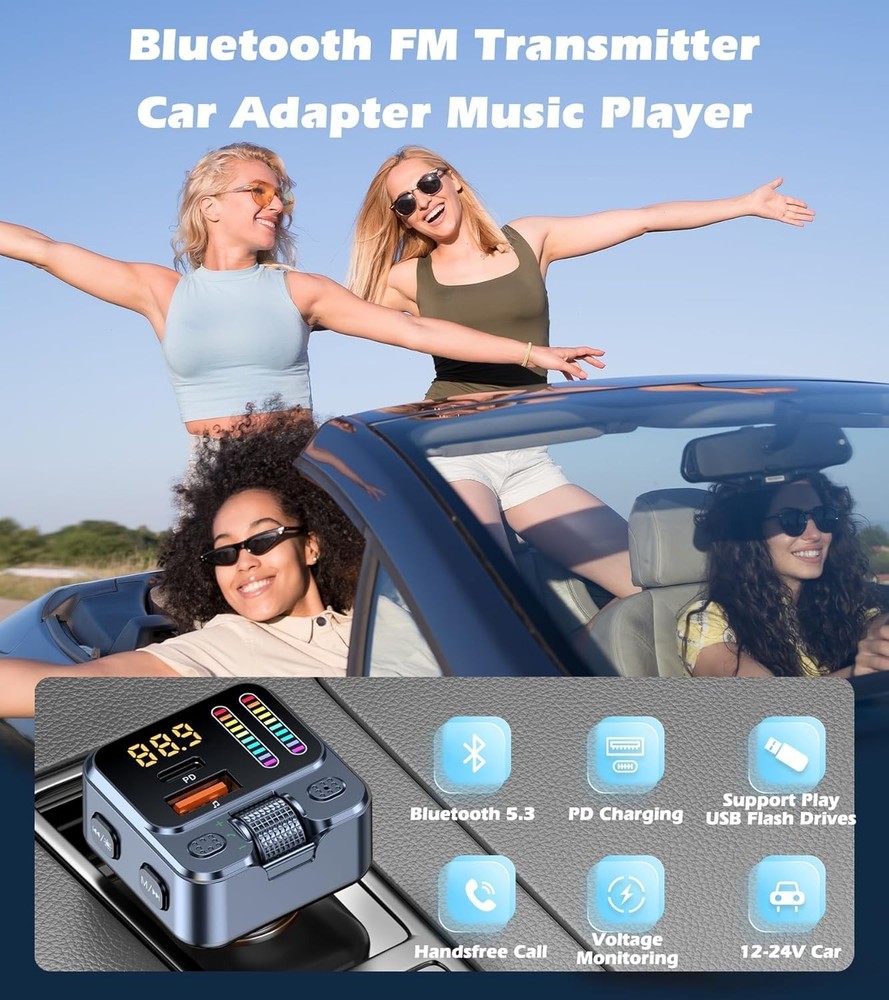 All-in-One Bluetooth 5.3 Car Adapter: FM Transmitter, Charging, and LED Lights