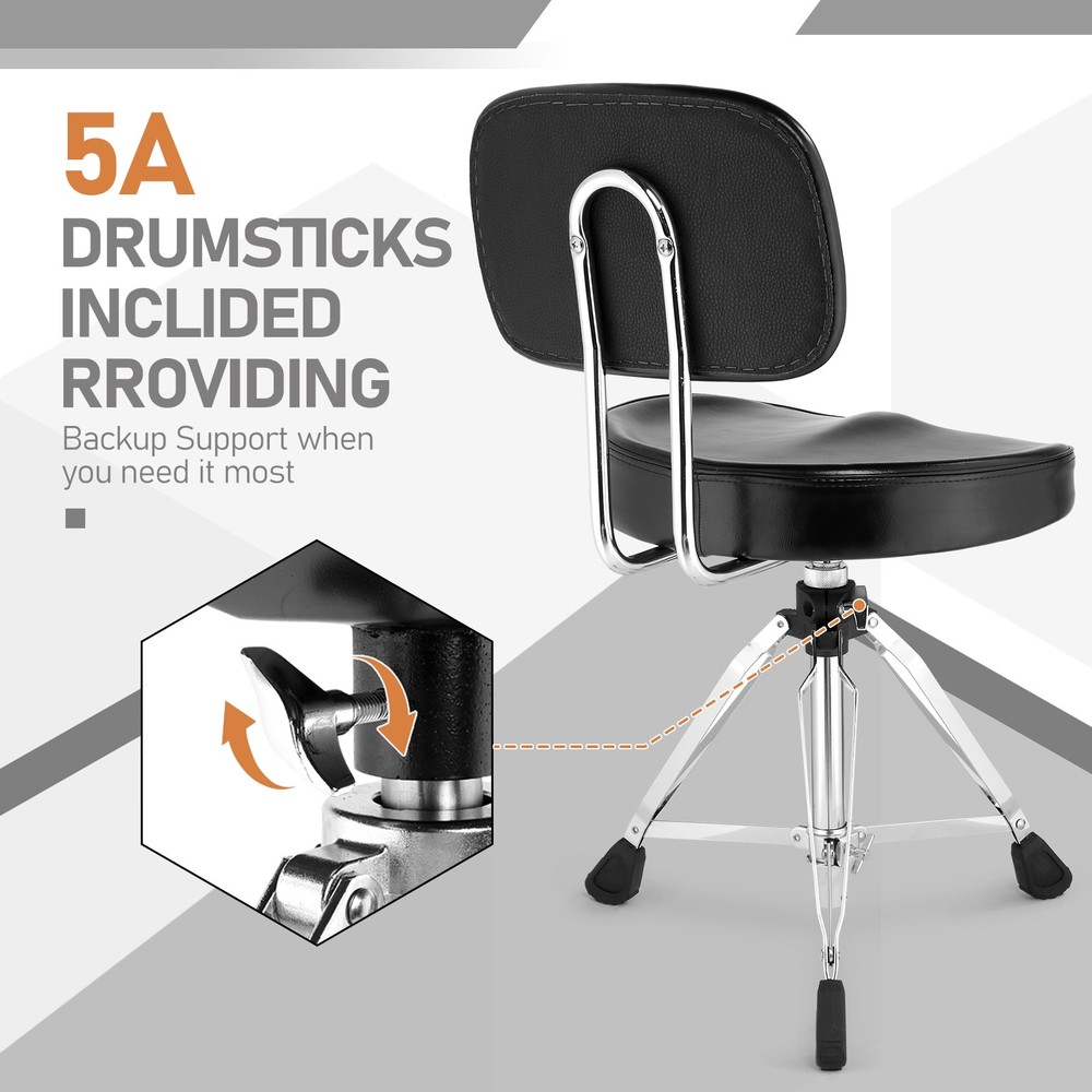 Drum Throne with Backrest, Drum Stool Adjustable Height With 5A Drumstick
