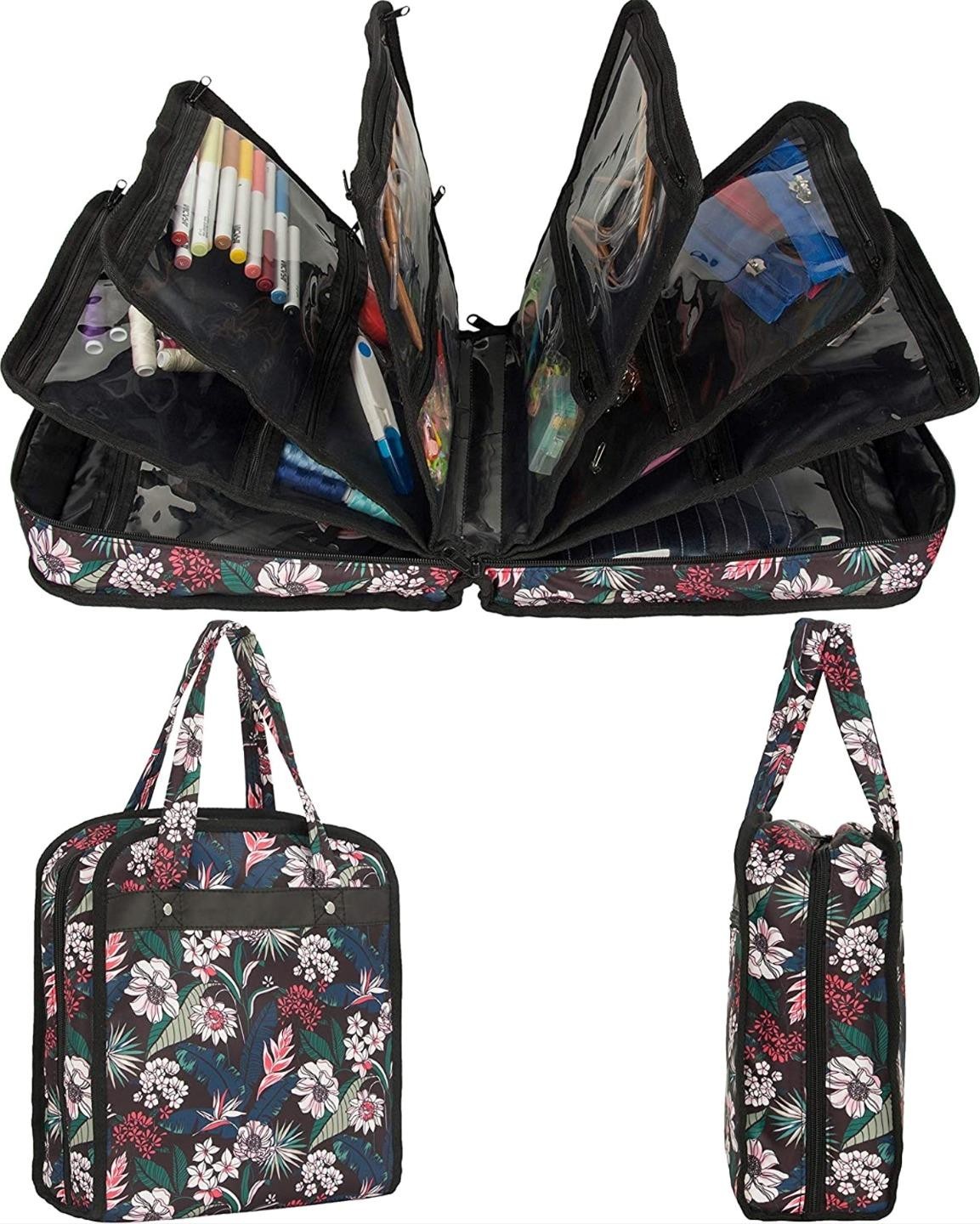 PACMAXI Craft Sewing Accessory Organizer Storage Bag Cross Stitch Flowers Black