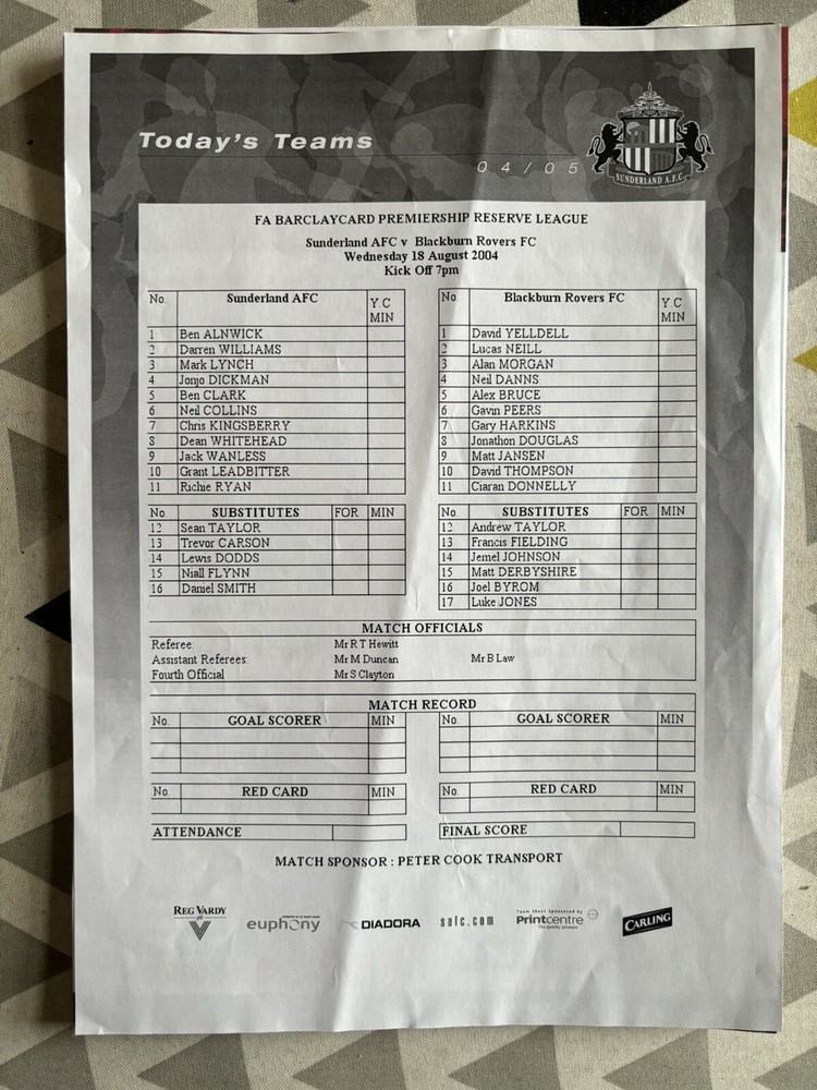 Sunderland Team Sheets X9 2004-09