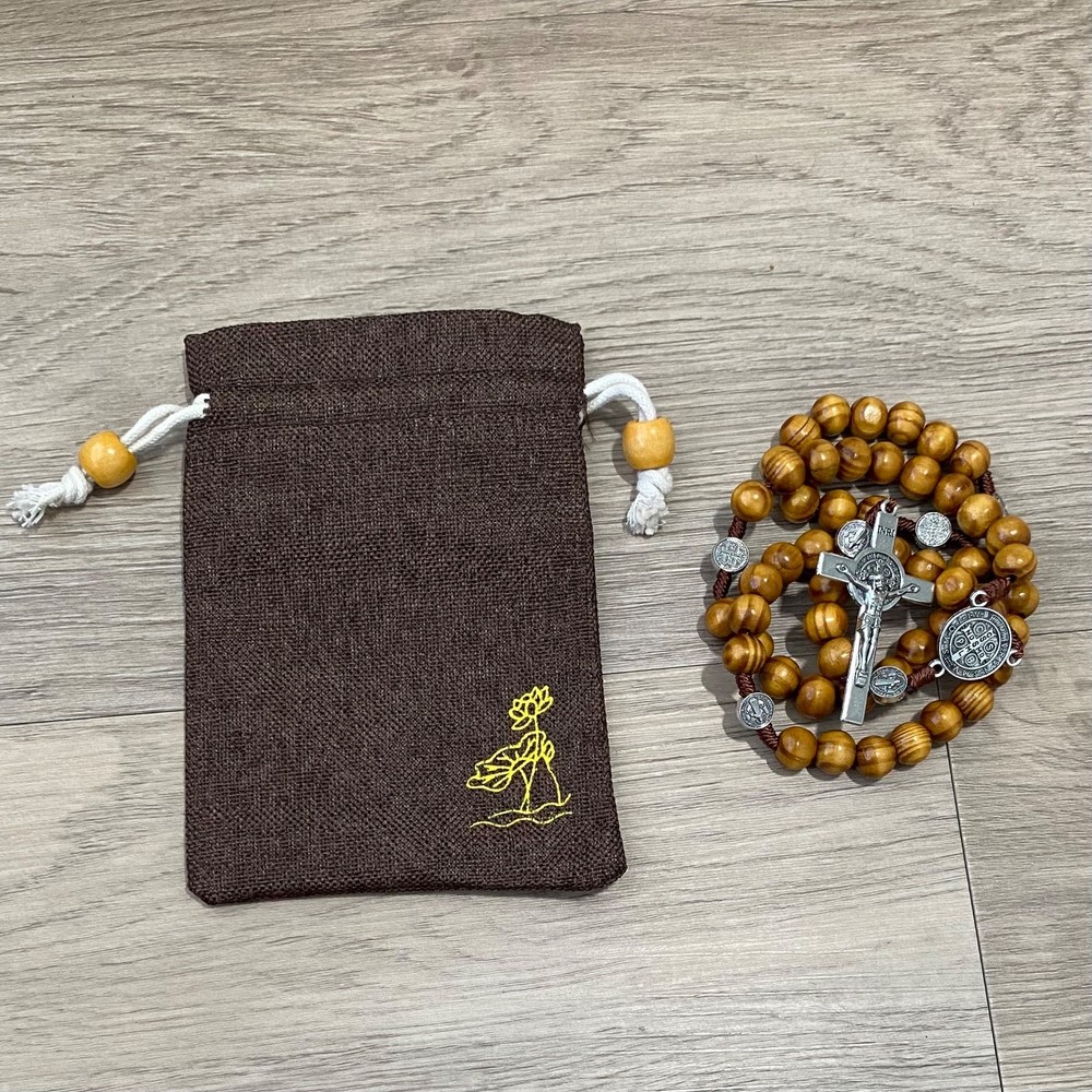 Saint St Benedict Wooden Rosary & Pouch Prayer Beads Crucifix Rosario San Benito