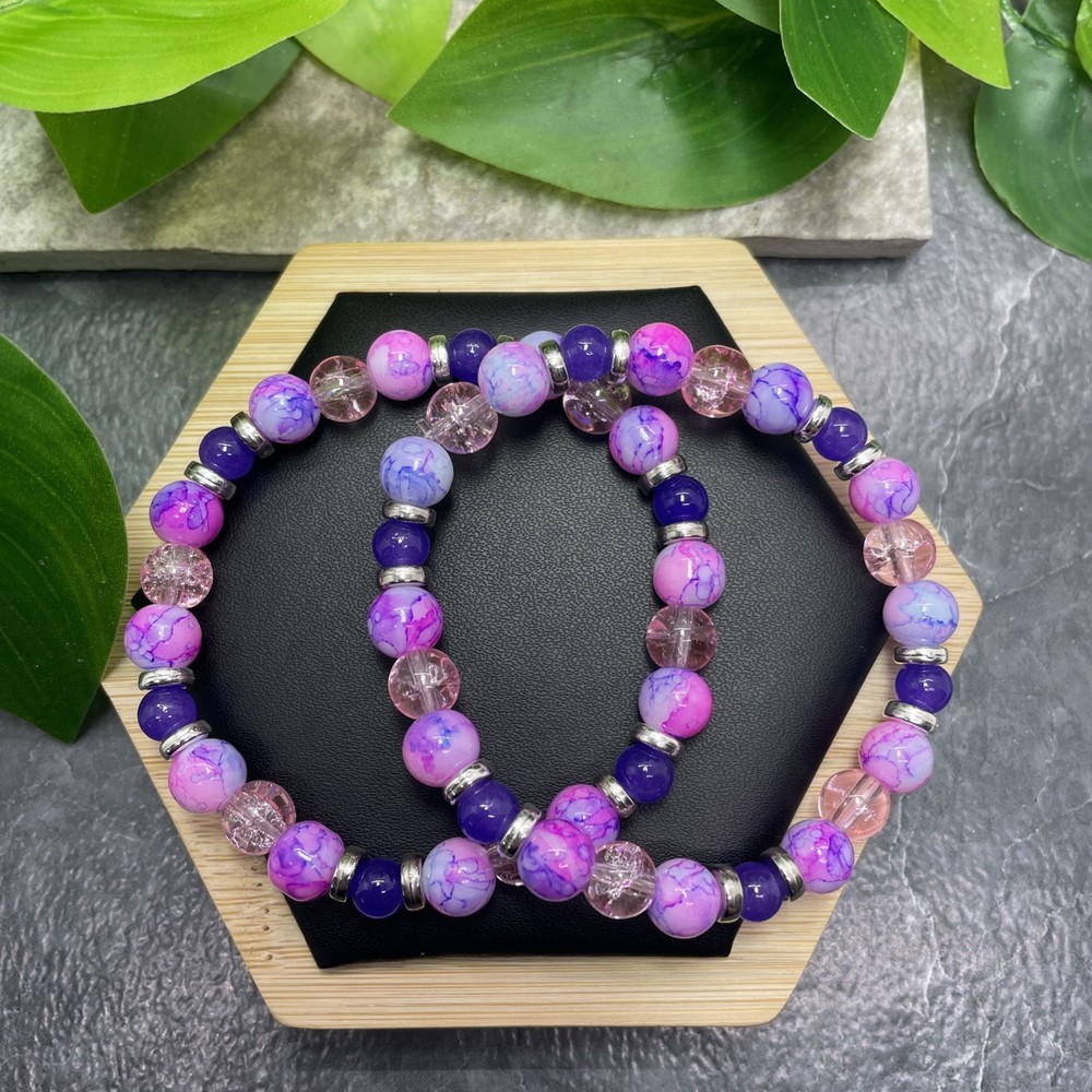 2 PC Handmade Bead Beaded Stackable 7” Plus Stretch Bracelet New C1536