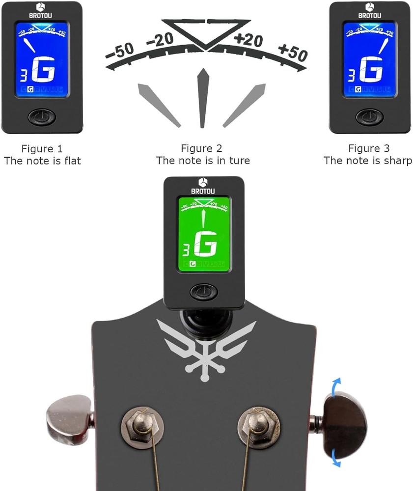Compact Clip-On Guitar Tuner with Backlit LCD and Automatic Shut-Off Feature