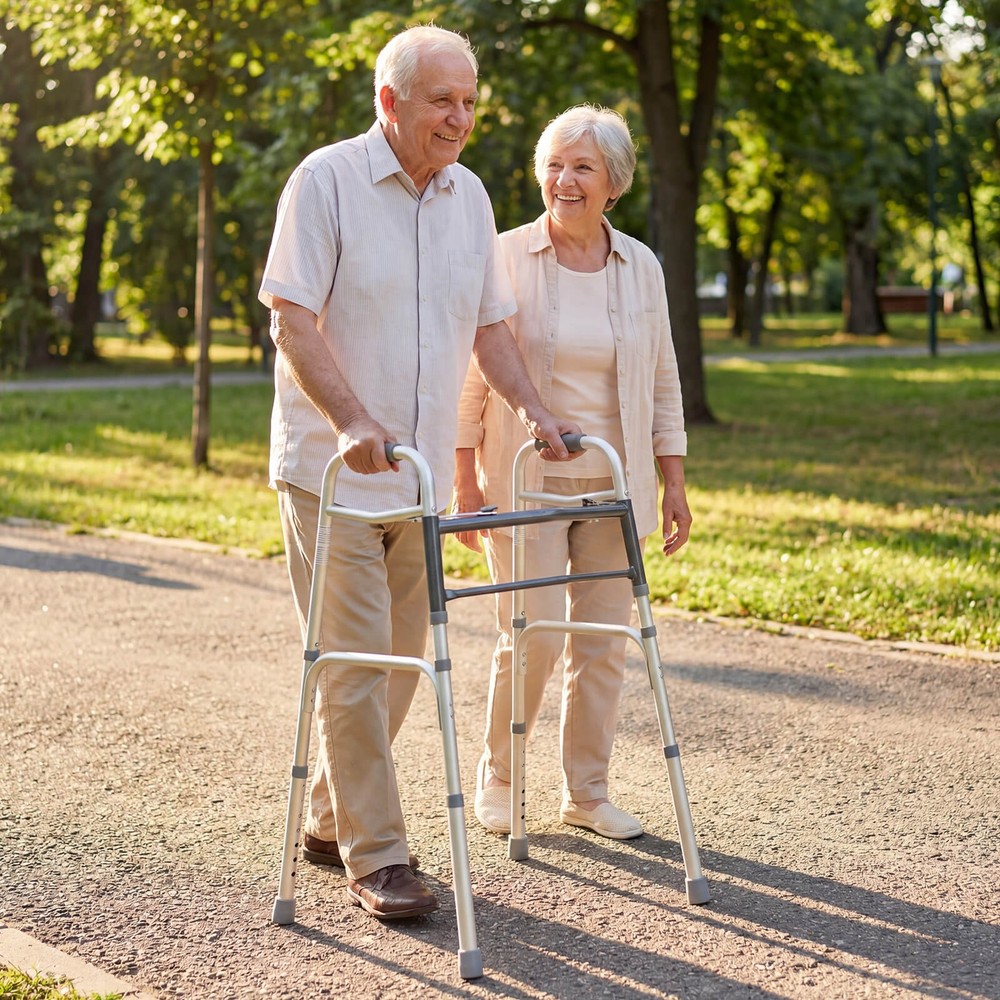 7-Level Adjustable Height, Lightweight Aluminum Mobility Aid, 2-Button Folding