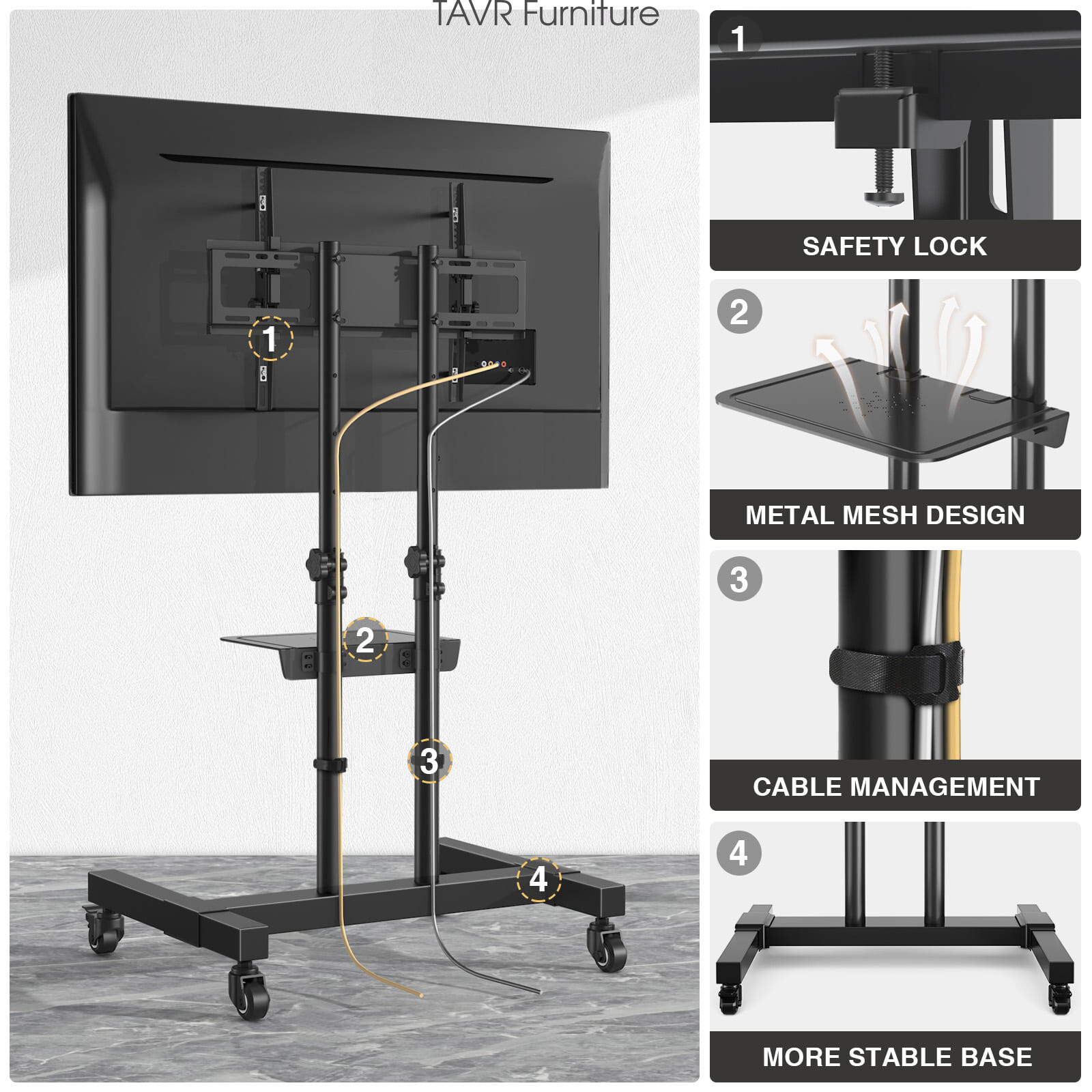 TAVR Tall Rolling TV Stand TV Cart with Wheels for 32 to 85 Inch Flat Panel TVs