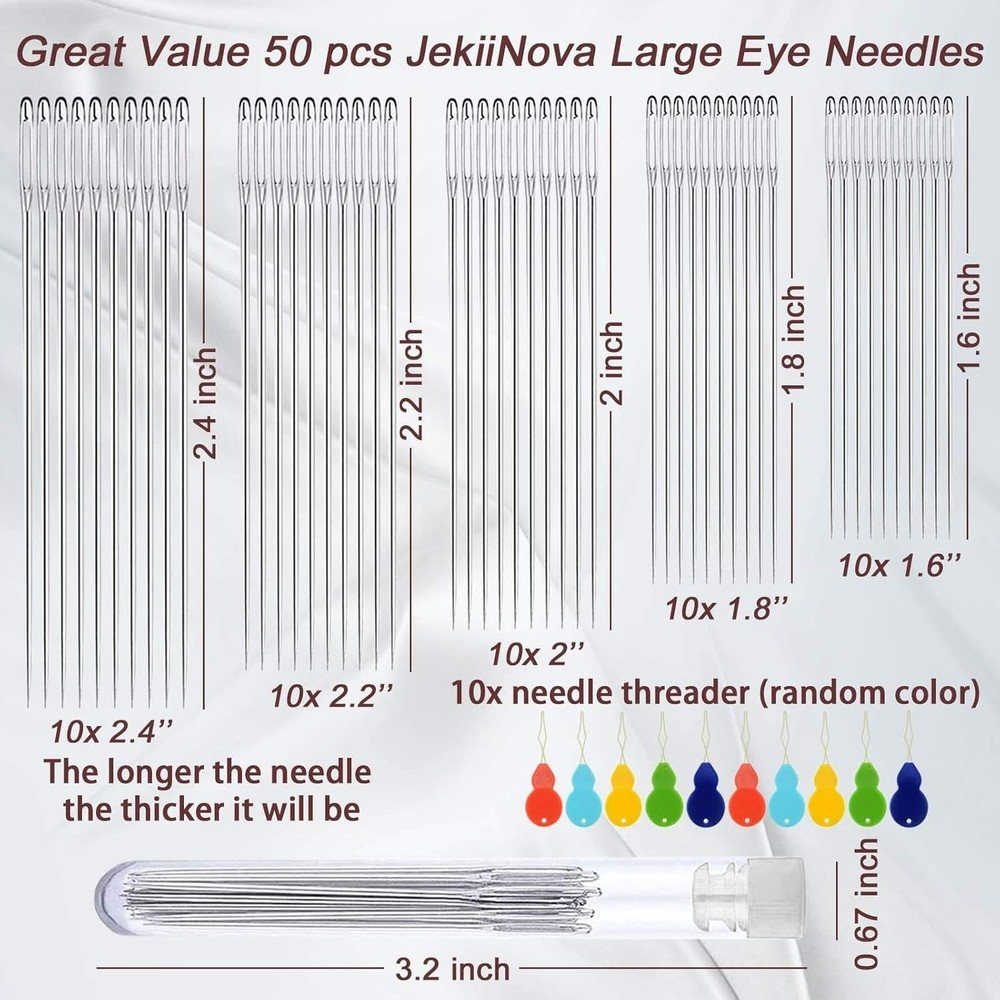 50 Large Eye Needles with Threaders & Storage - Effortless Sewing