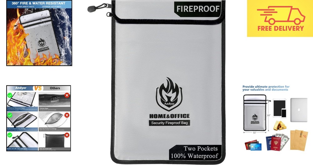 Durable Two-Pocket Fireproof Document Bag 2000℉ - Secure and Portable Organizer