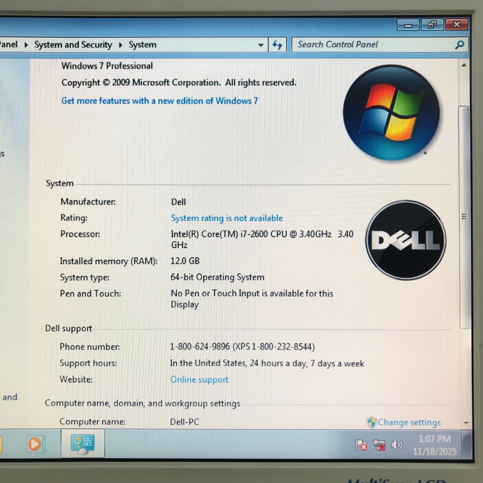 Dell XPS 8300 PC - i7-2600 3.40GHz 12GB RAM for Retro Gaming (Windows 7 Pro)