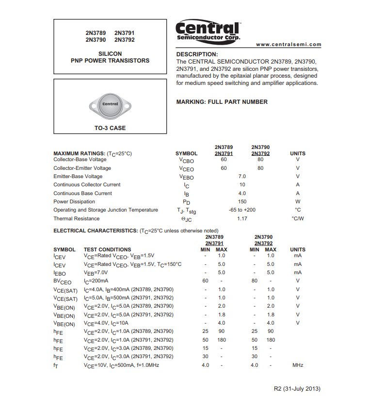 Motorola 2N3792 SILICON PNP POWER TRANSISTOR (QTY 2)