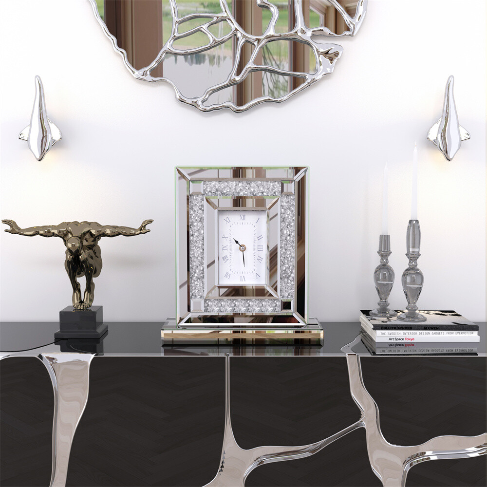 Crushed Diamond Table Clock w/ Quartz Movement Mirrored Desk Mantel Clock Silver
