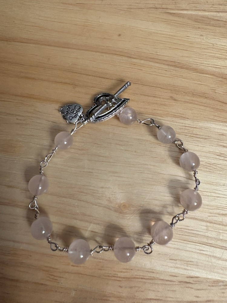 7” Pink Quartz,wire Wrapped(Silvertone),toggle, Safety Chain
