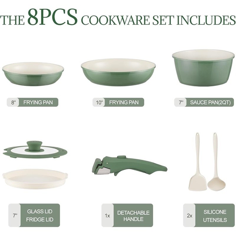 Non Stick Ceramic Cookware Set 8Pcs Removable Handle Space Saving Easy Cleanup