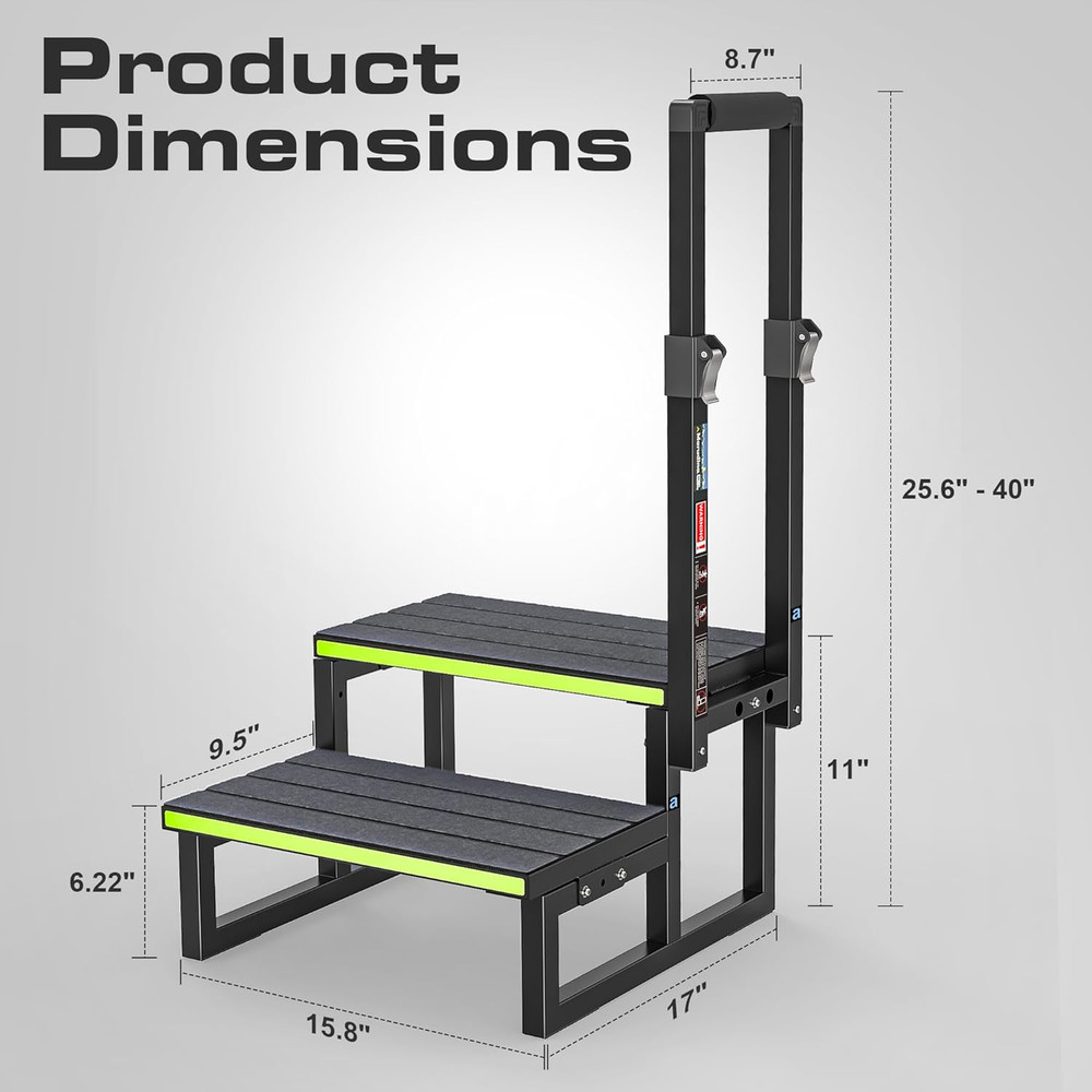 Step Stool with Adjustable Handrail (26"To 40") Aluminium 2-Step Stool W/Step Co