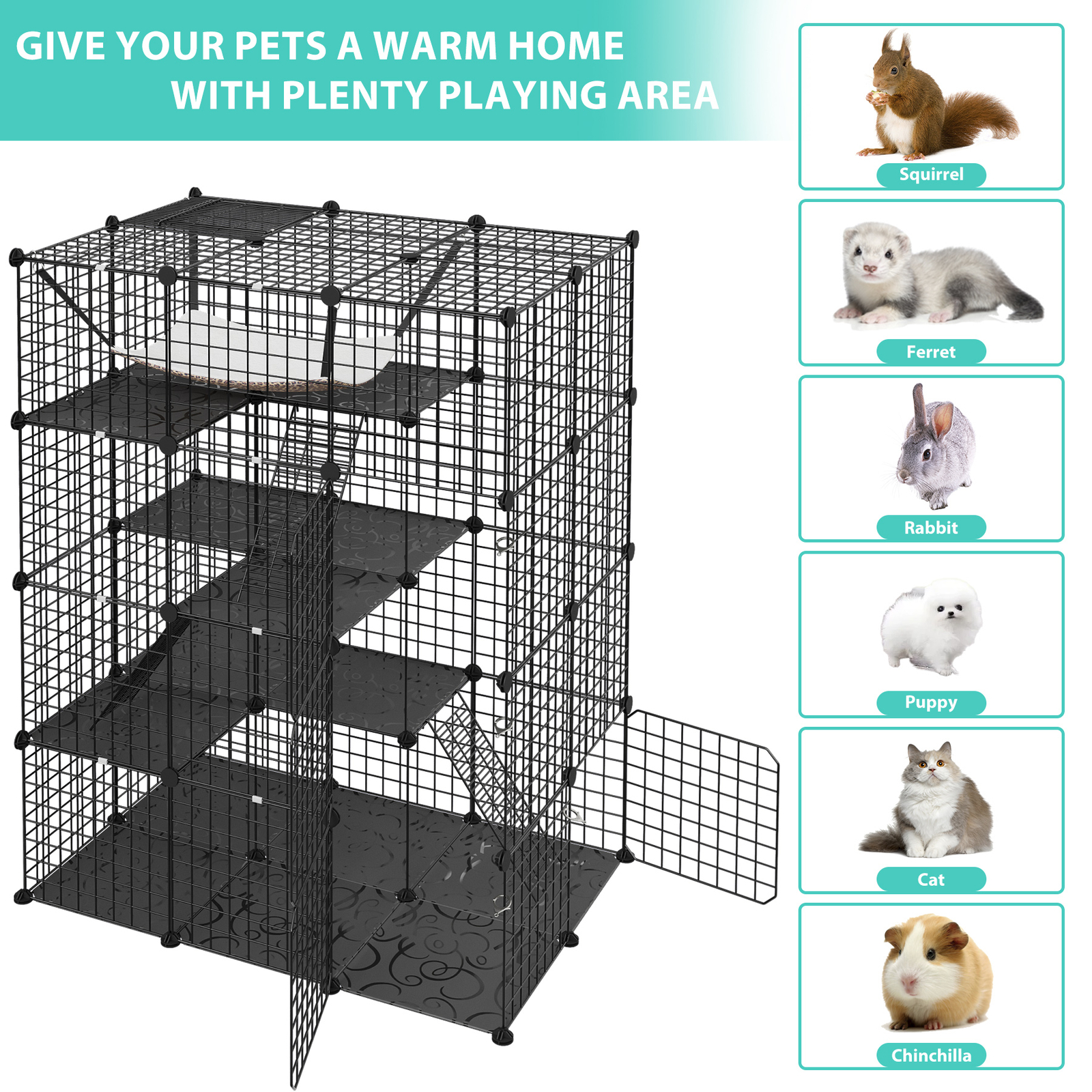 Large Cat Cage Enclosure Metal Wire 4-Tier Kennel DIY Playpen Catio with Hammock