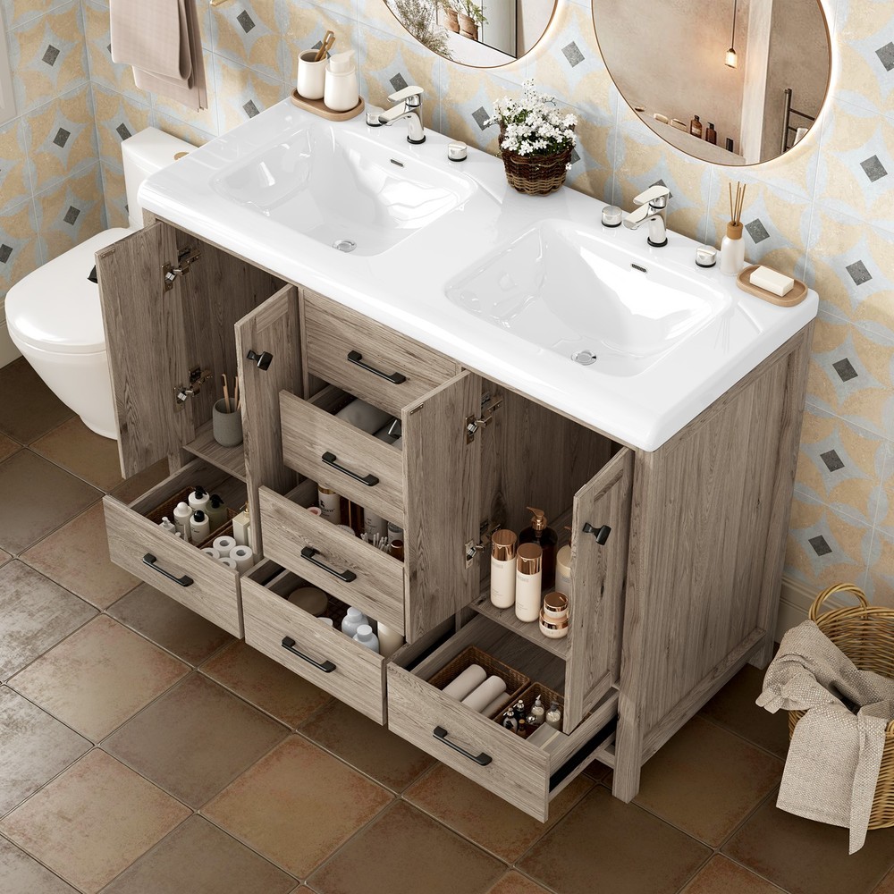 Premium Double Sink Vanity Combo with Two Ceramic Basins & Multi Layer Storage