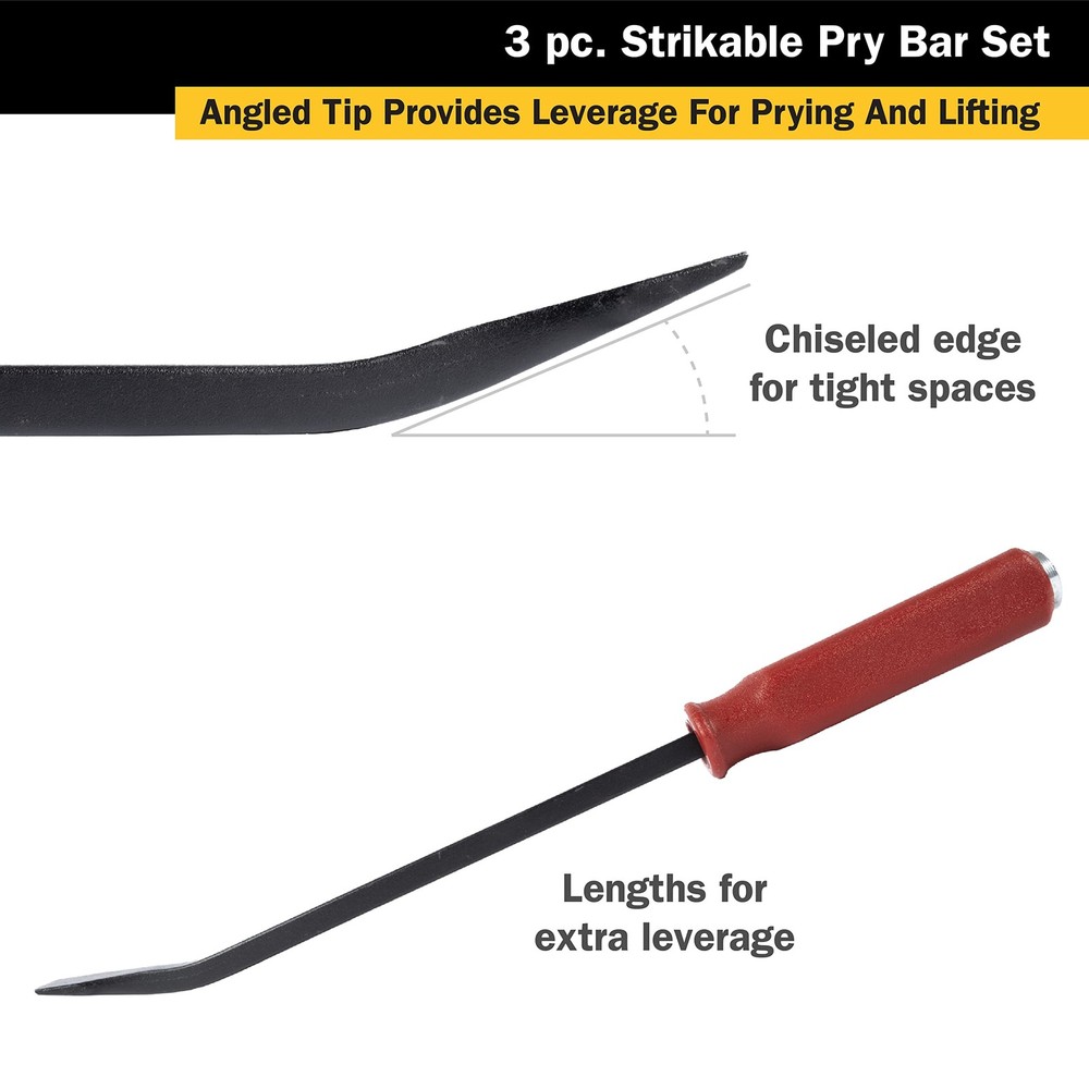 TEKZ 17113 3-Piece Angled Tip Pry Bar Set with Strike Cap Handle