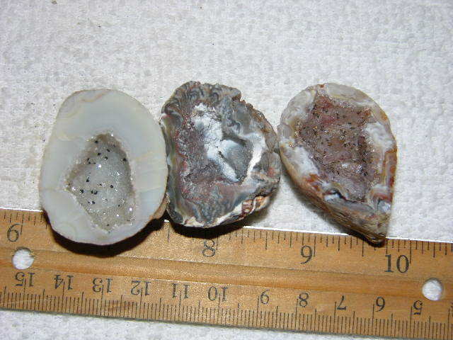 3 Agate geode halves cut & polished with druzy centers W15