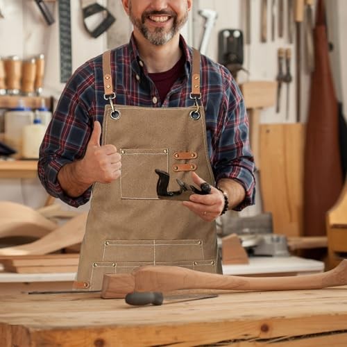 Canvas Work Apron,Cross Back Aprons for Brown