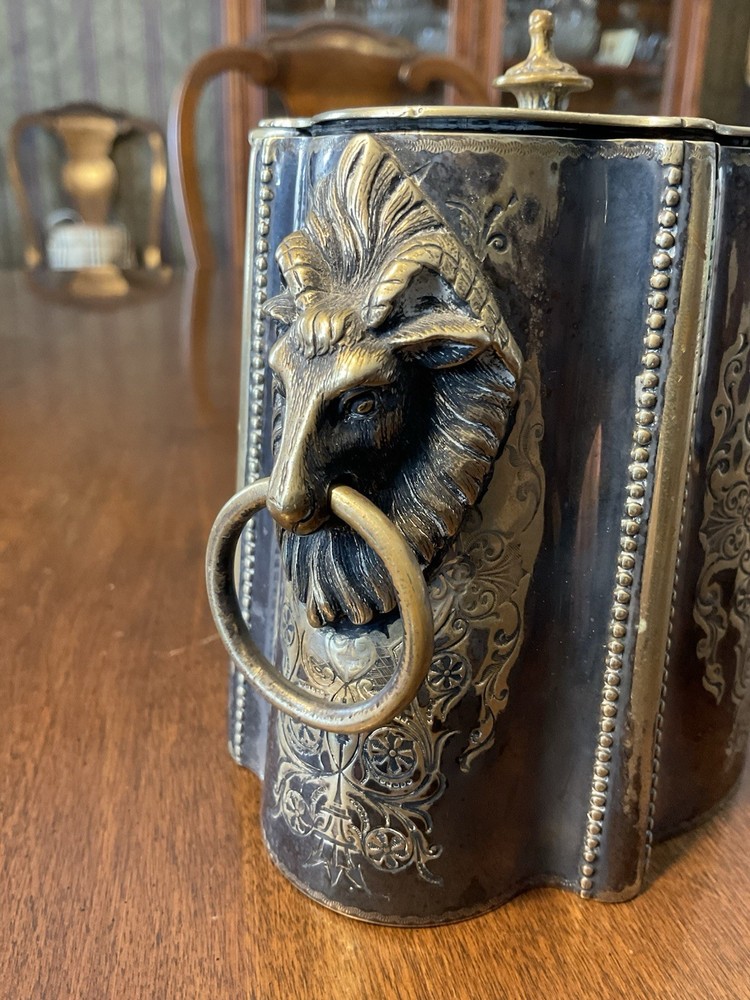 Antique Victorian Silverplate Silver Biscuit Tin / Tea Caddy Rams Head Etched