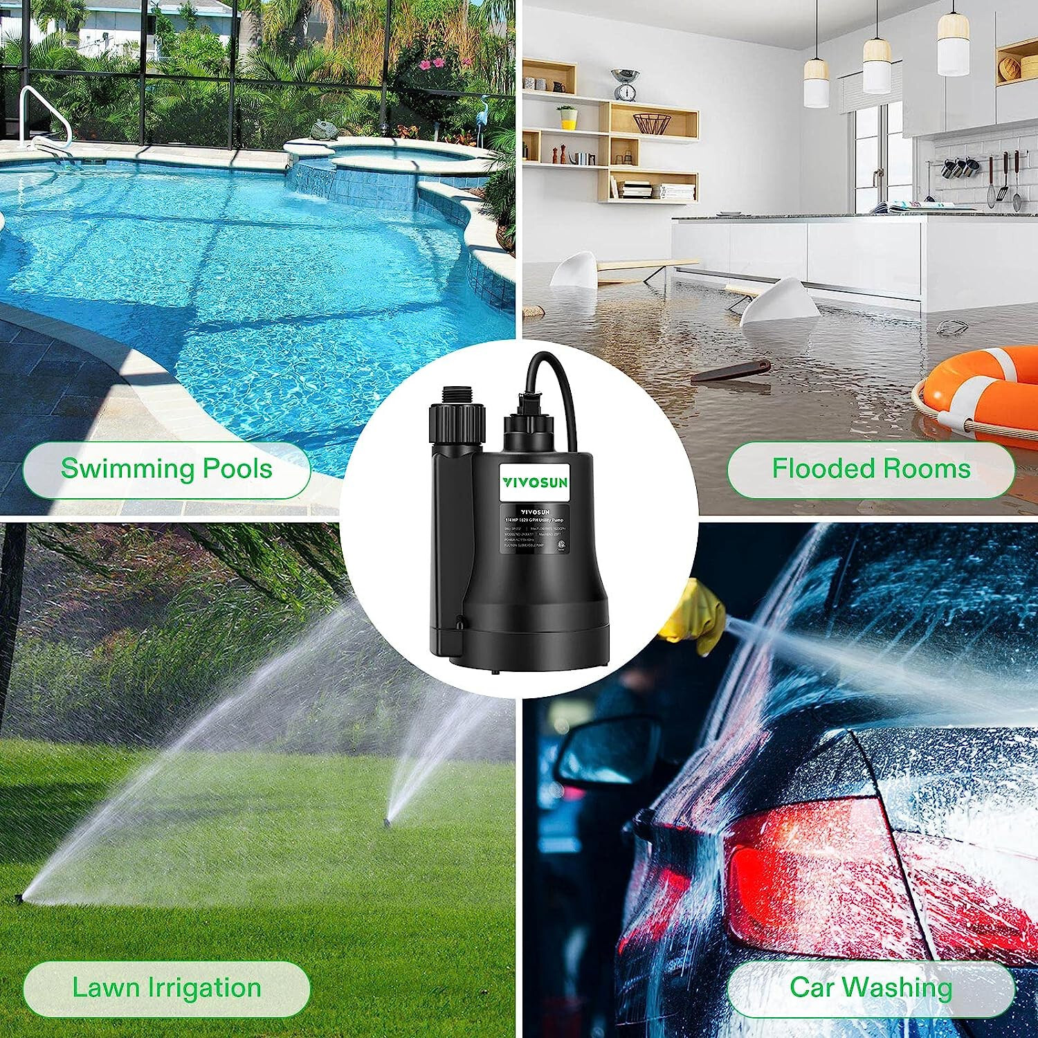 VIVOSUN 1/3HP 1/4HP 1/5HP Submersible Water Pump Utility Pump Sump w/ 10ft Cable