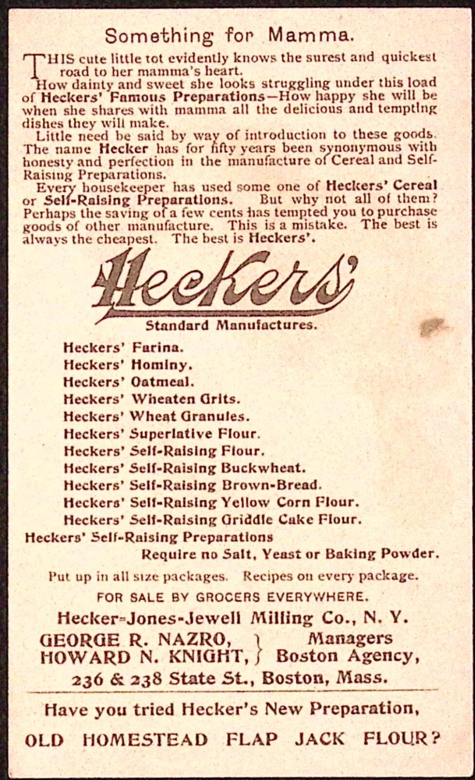 1893 HECKERS' BAKERY GOODS TRADE CARD, "MAUD HUMPHREY" GIRL & 8 PRODUCTS