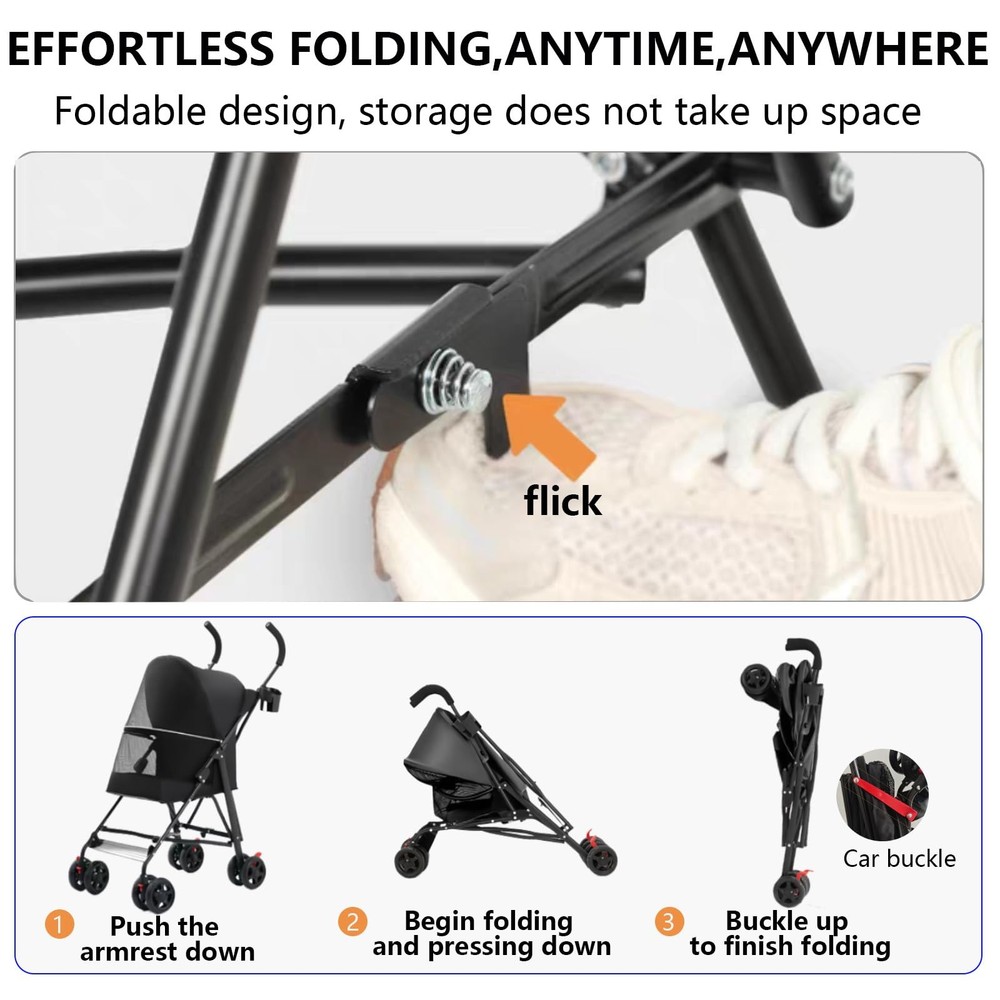 Pet Stroller with Mesh Ventilation, Lightweight Foldable Design, Cup Holder, ...