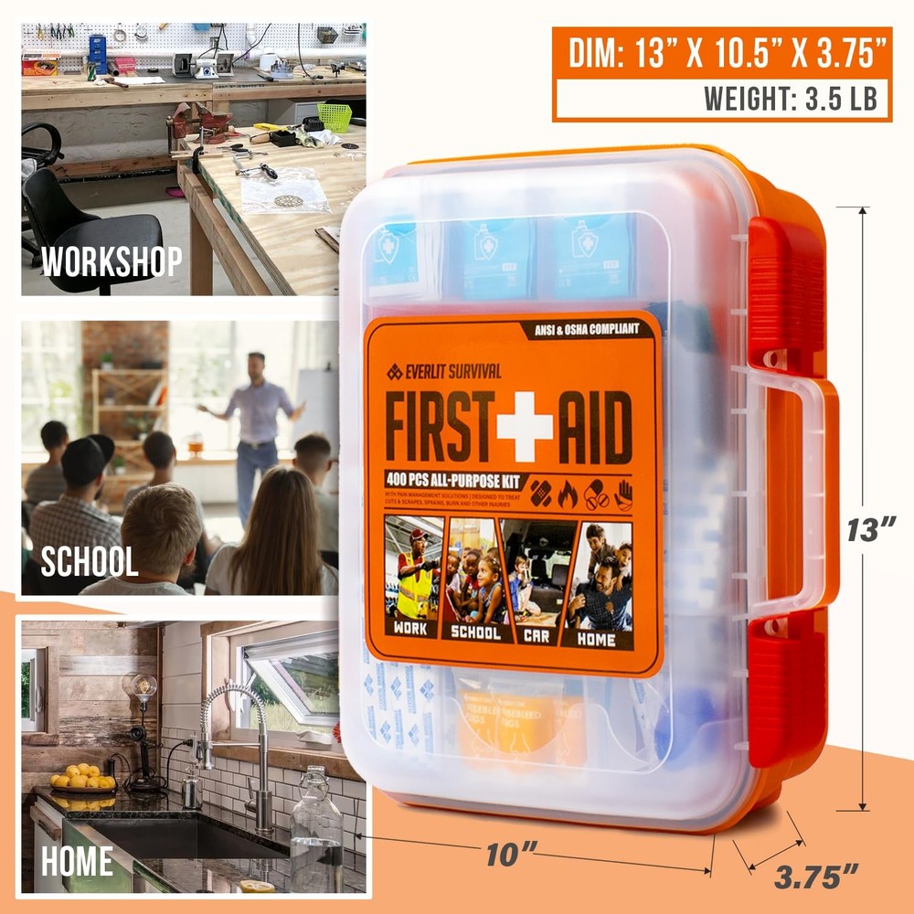 EVERLIT 400 Pcs OSHA Compliant First Aid Kit, Wall-Mountable Essential Clear