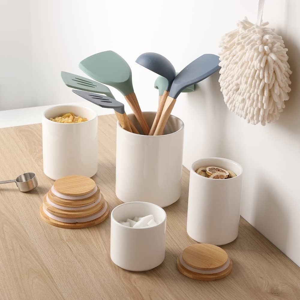 Kitchen Canisters Ceramic Food Storage Jar Set Stackable Containers W/ lids