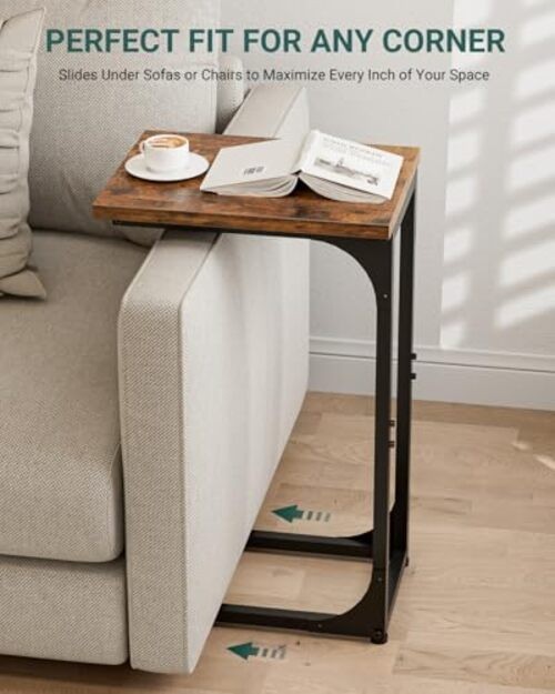 C-Shaped Side Table for Couch - Small 1-Pack Rustic Brown Without Power Outlets