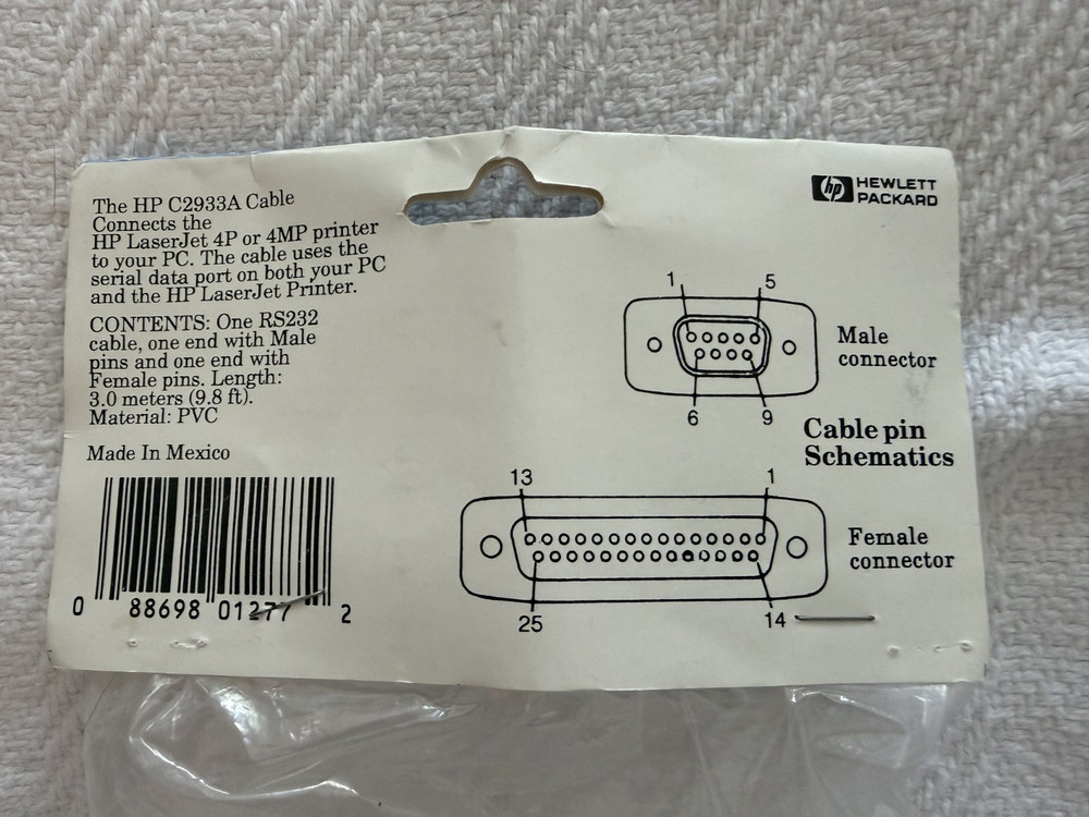 Hewlett-Packard C2933A RS232 Serial Printer Cable