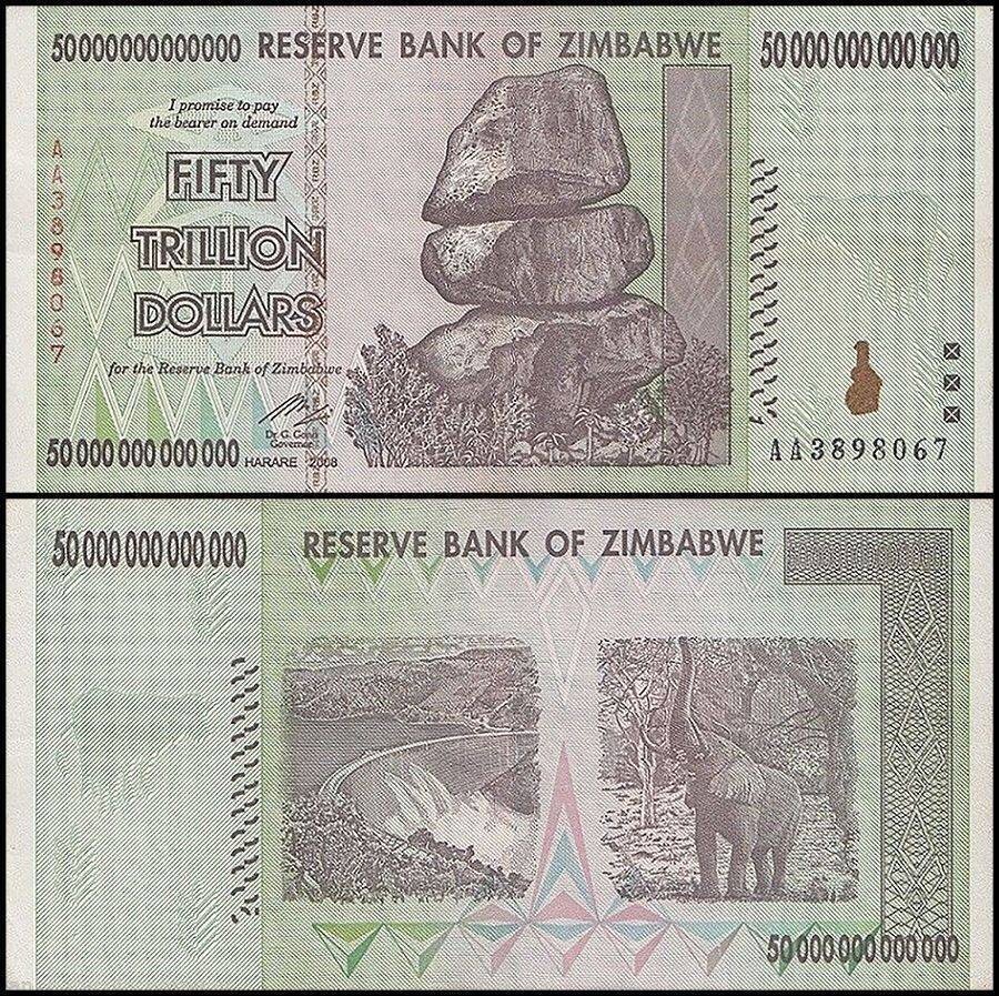 ZIMBABWE 50 TRILLION Dollar Banknotes AUTHENTIC AA Prefix Extremly Fine
