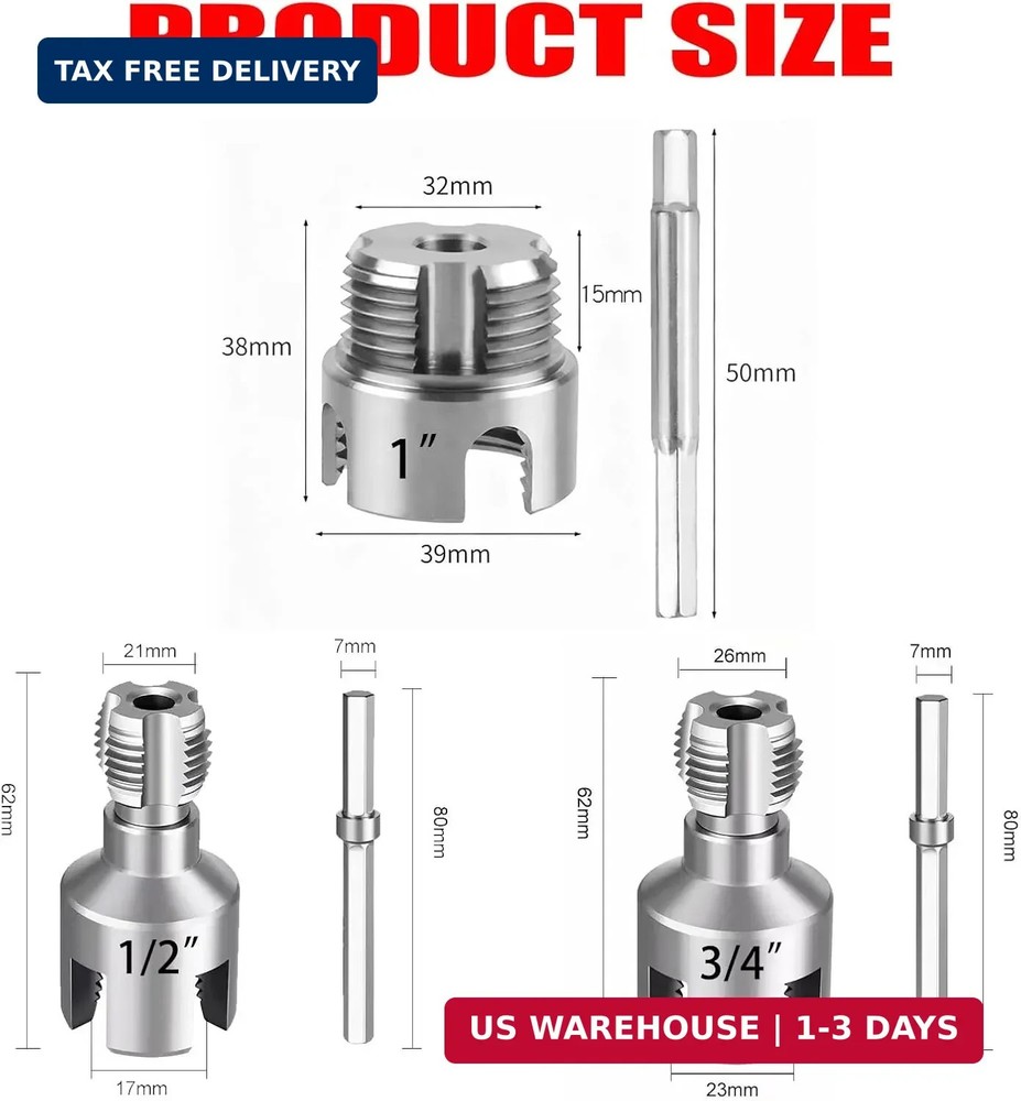 3PCS PVC Pipe Threader Kit 1/2 3/4 1 Inch NPT Drill Compatible Threading Tool US
