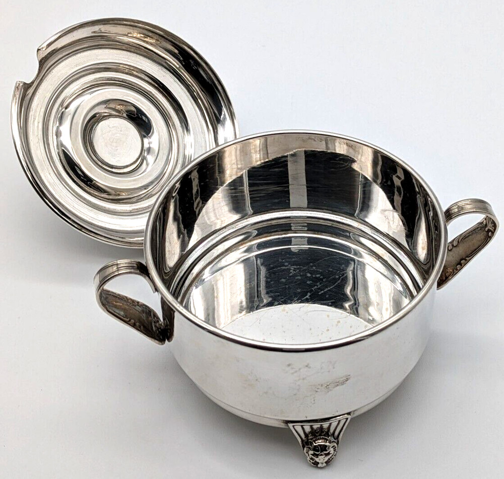 Large Silver Plated Footed Covered Handled Sugar Bowl
