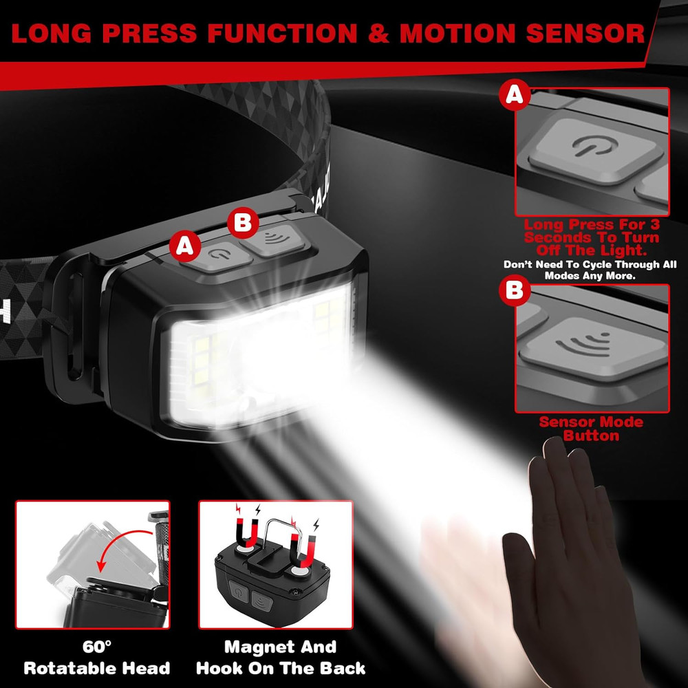 Rechargeable Headlamp 2000 Lumen Motion Sensor LED Waterproof 2 Pack