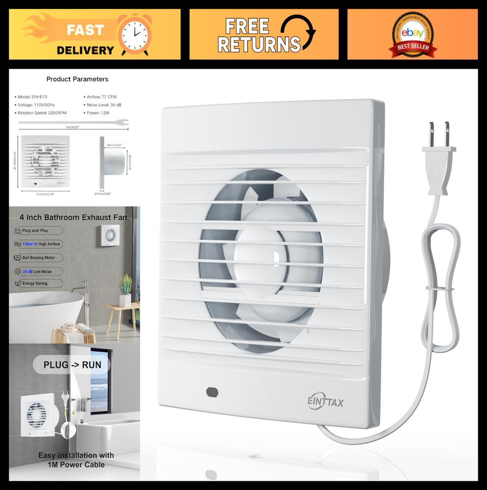 4" Wall Mount Bathroom Exhaust Fan, 12W 77 CFM, Quiet 34 dB, Backdraft Damper, W
