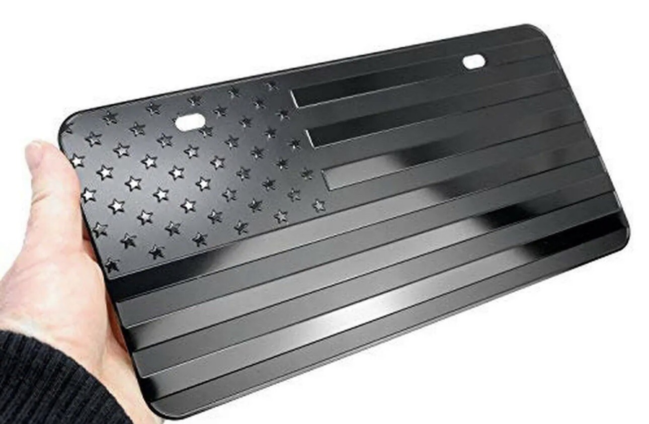 Blackout USA American Flag Metal Embossed License Plate (12"x6", Black)