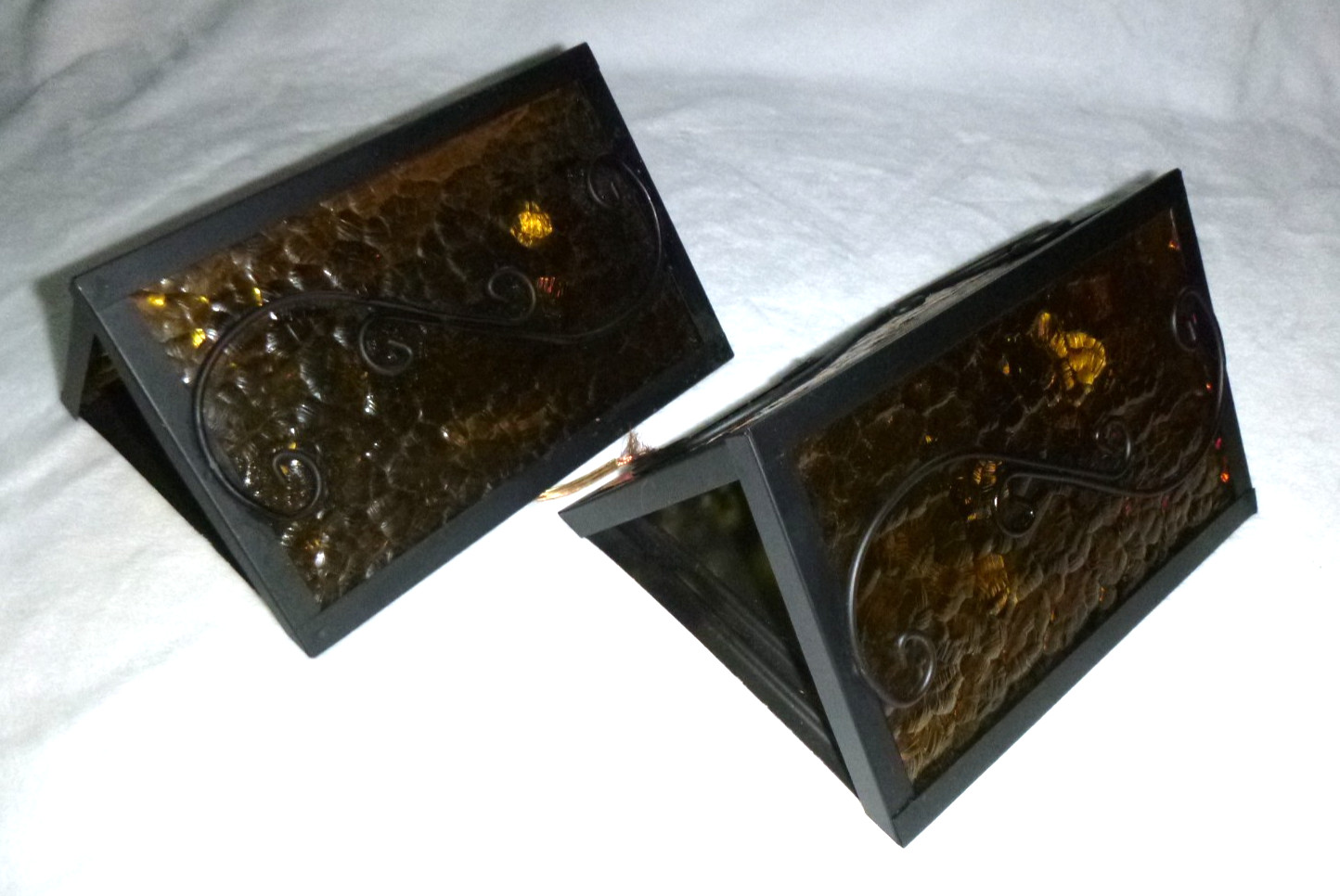 PAIR NOS Vtg 1969 Amber Glass & Black Metal Trianglular Indoor /Outdoor Sconces