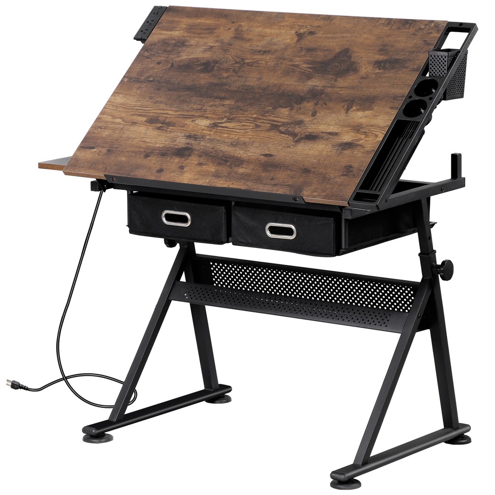 Adjustable Drafting Drawing Table Tabletop Craft Tiltable with Stool & Outlet