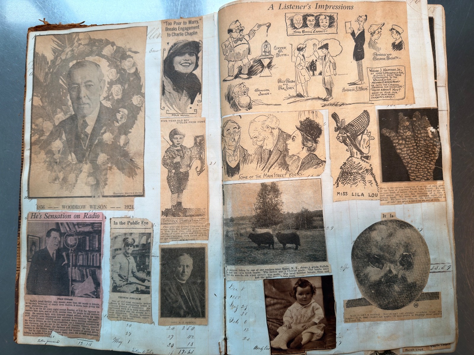 Large Newspaper Clipping Scrapbook NY/NJ 1920s-30s on 1840s Leatherbound Ledger