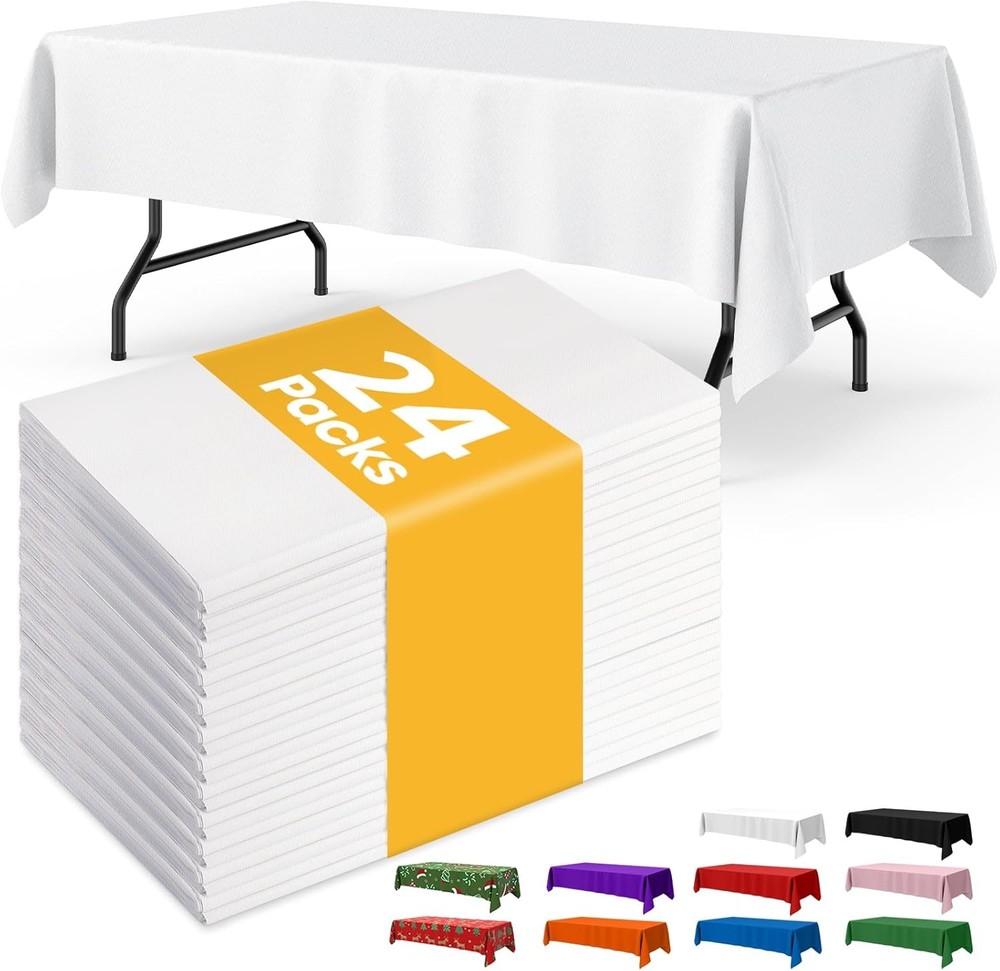 White Plastic Table Cloth 24 Pack 54" × 108" Rectangle Disposable Tablecloths